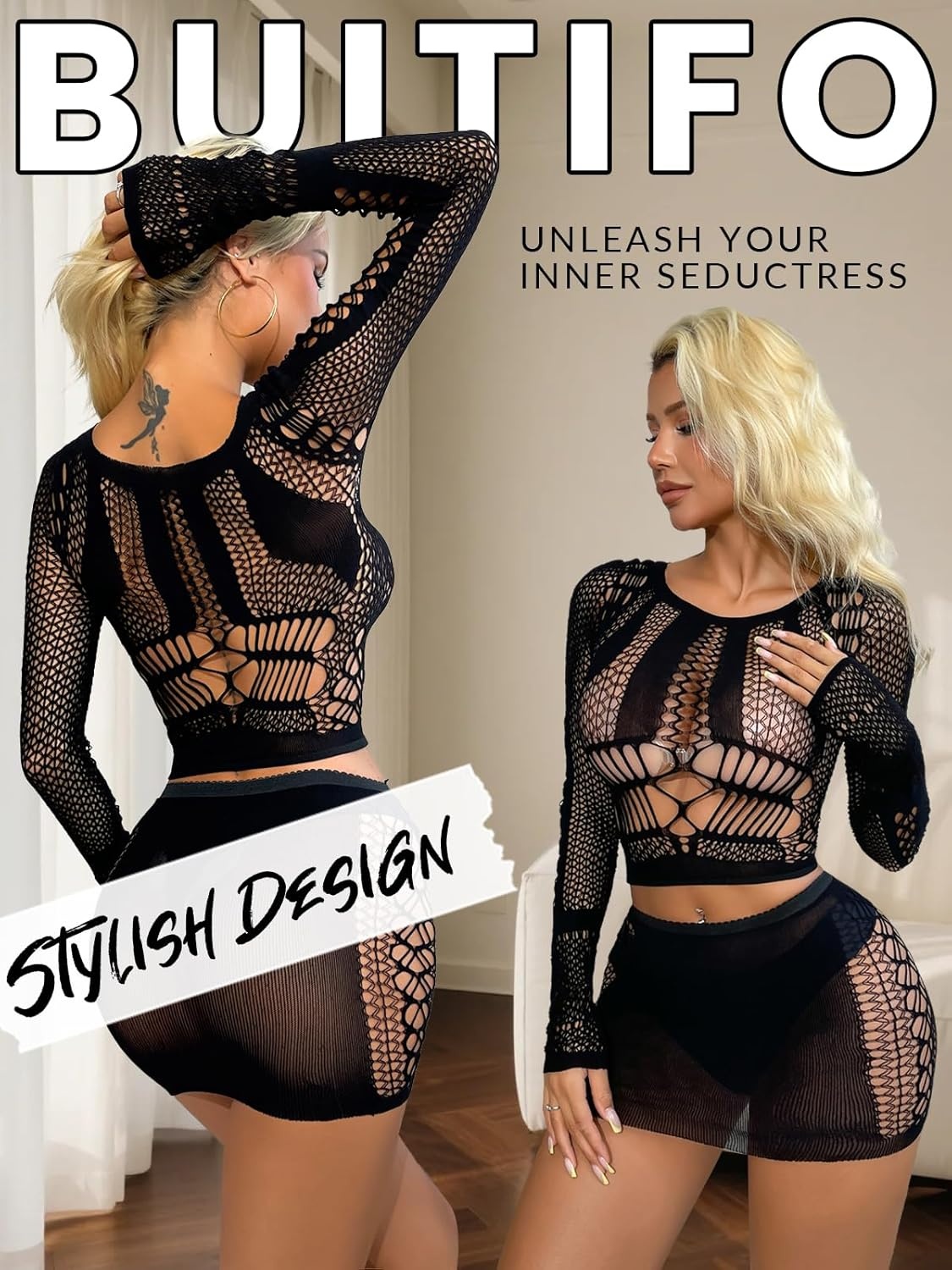 image:imageBuitifo Sexy Lingerie for Women Fishnet Babydoll Nightwear Exotic Top and Mini Skirt SetBlack