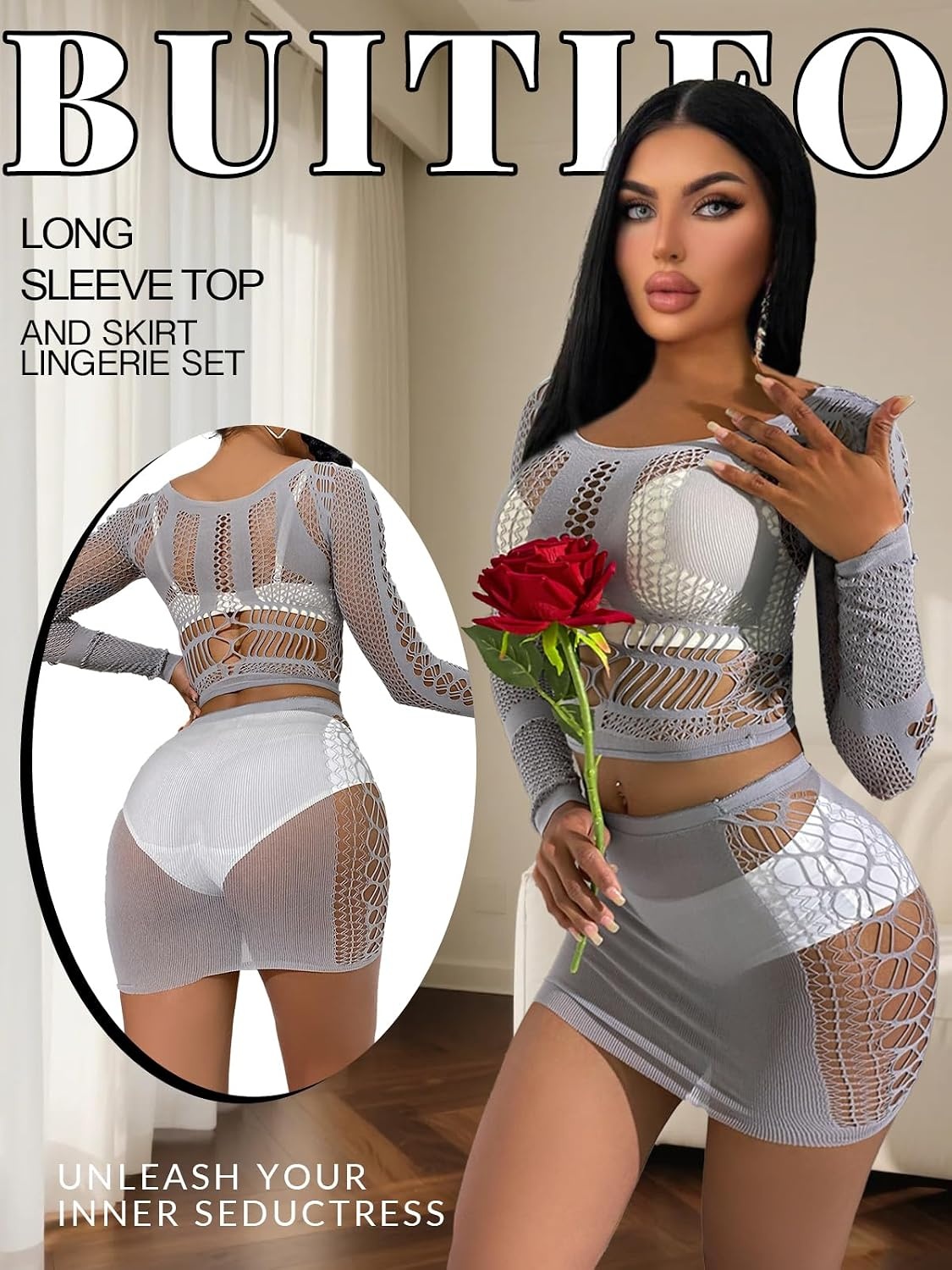 image:imageBuitifo Sexy Lingerie for Women Fishnet Babydoll Nightwear Exotic Top and Mini Skirt SetGrey