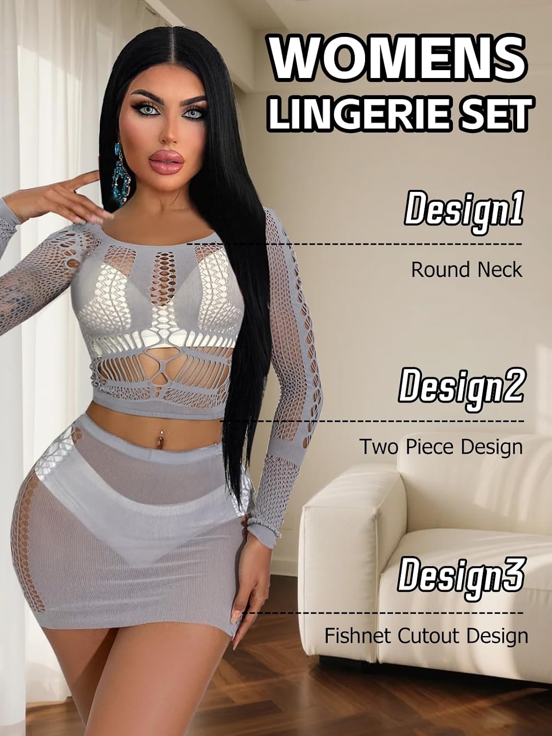 image:imageBuitifo Sexy Lingerie for Women Fishnet Babydoll Nightwear Exotic Top and Mini Skirt SetGrey