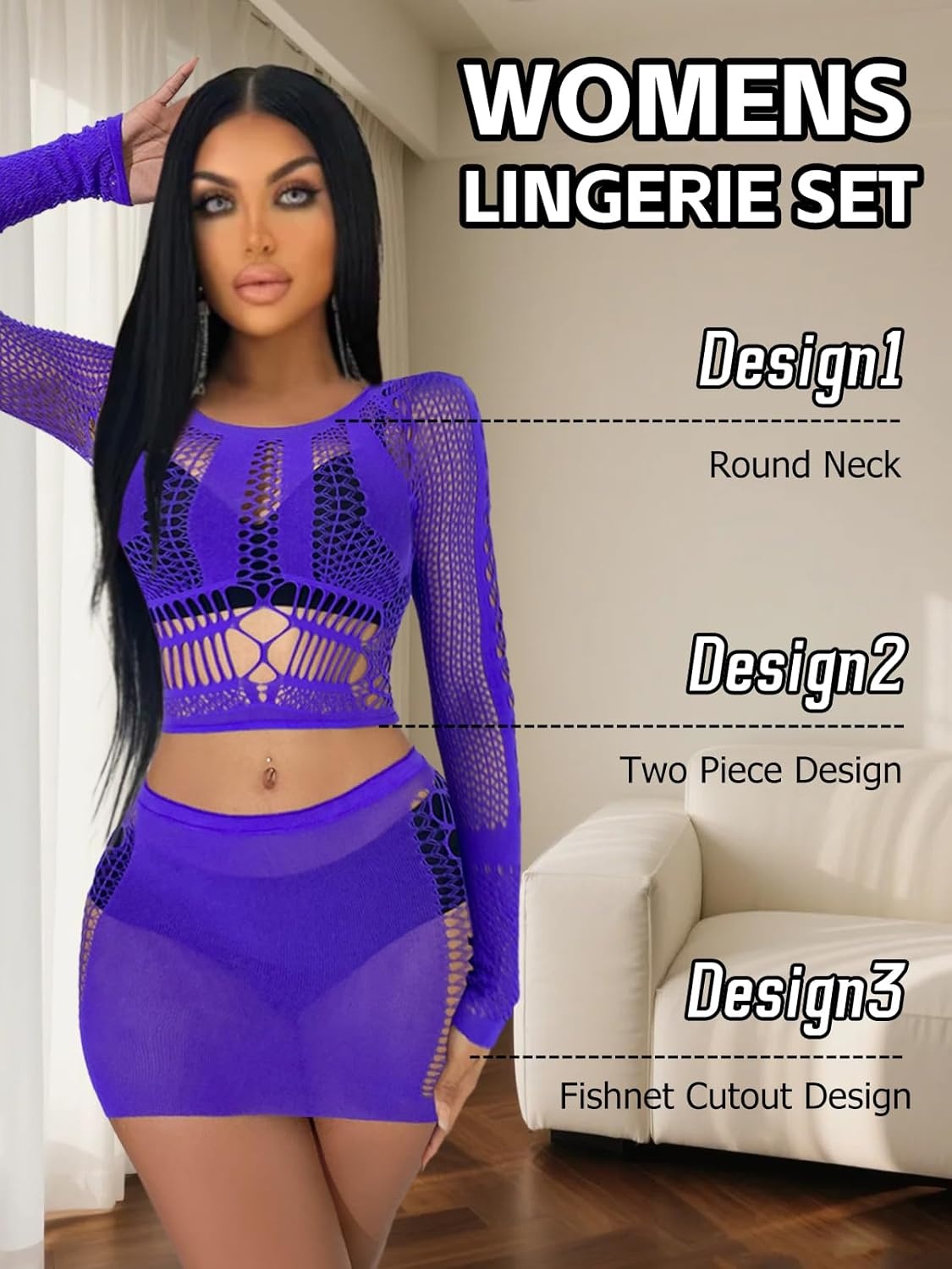 image:imageBuitifo Sexy Lingerie for Women Fishnet Babydoll Nightwear Exotic Top and Mini Skirt SetPurple