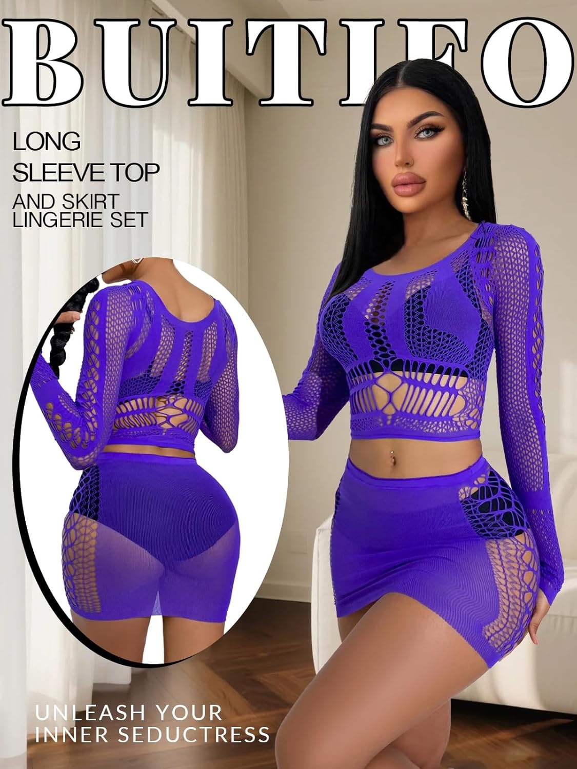 image:imageBuitifo Sexy Lingerie for Women Fishnet Babydoll Nightwear Exotic Top and Mini Skirt SetPurple