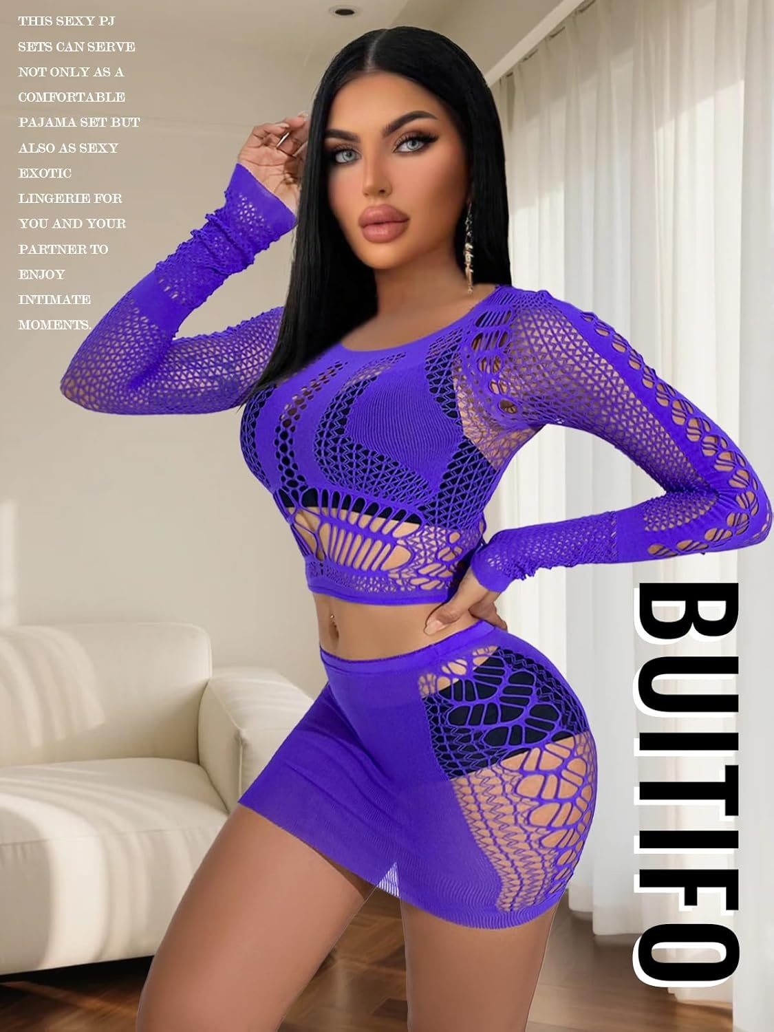 image:imageBuitifo Sexy Lingerie for Women Fishnet Babydoll Nightwear Exotic Top and Mini Skirt SetPurple