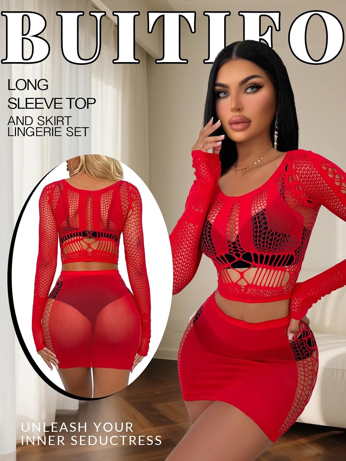 image:imageBuitifo Sexy Lingerie for Women Fishnet Babydoll Nightwear Exotic Top and Mini Skirt SetRed