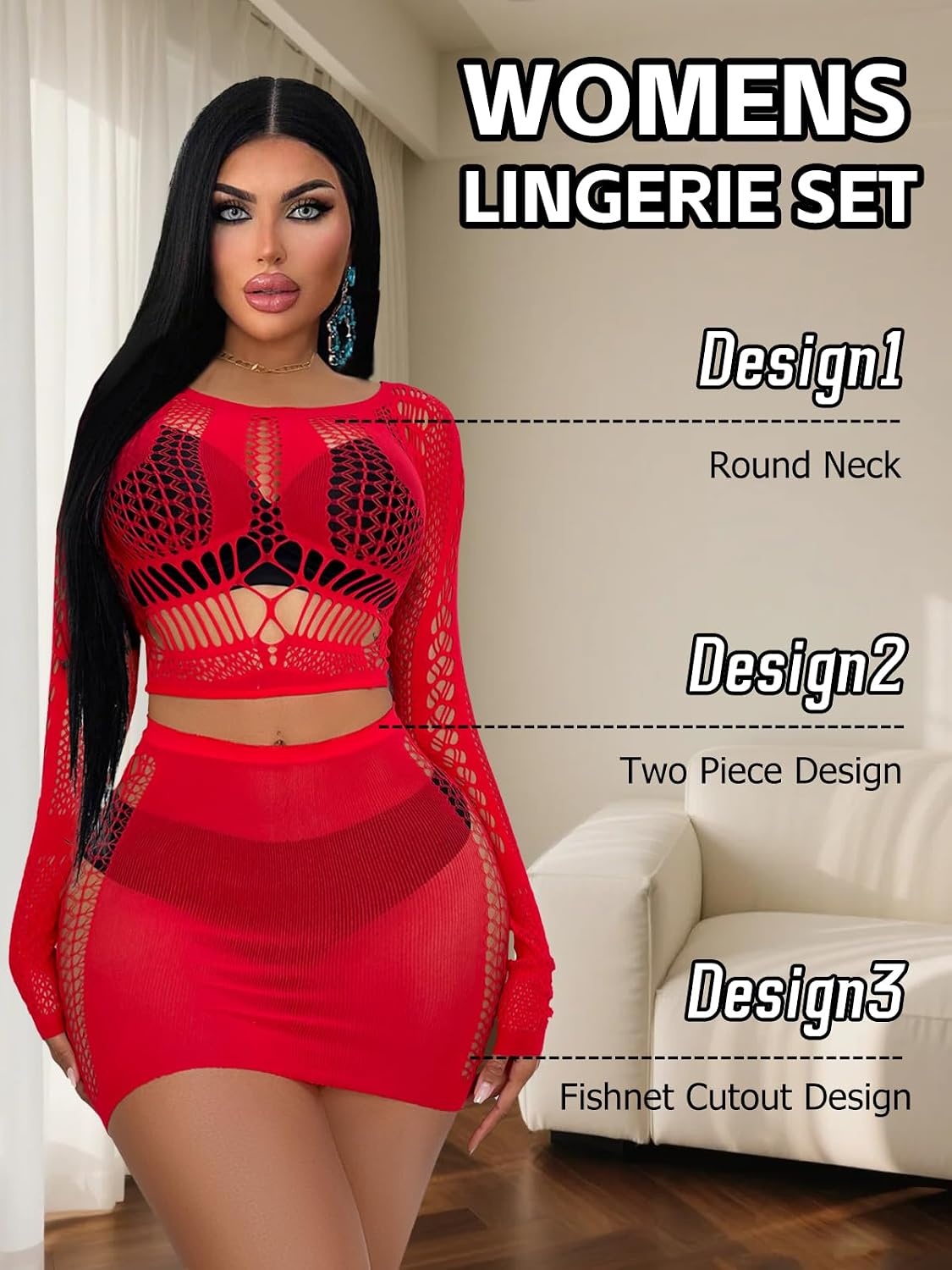 image:imageBuitifo Sexy Lingerie for Women Fishnet Babydoll Nightwear Exotic Top and Mini Skirt SetRed