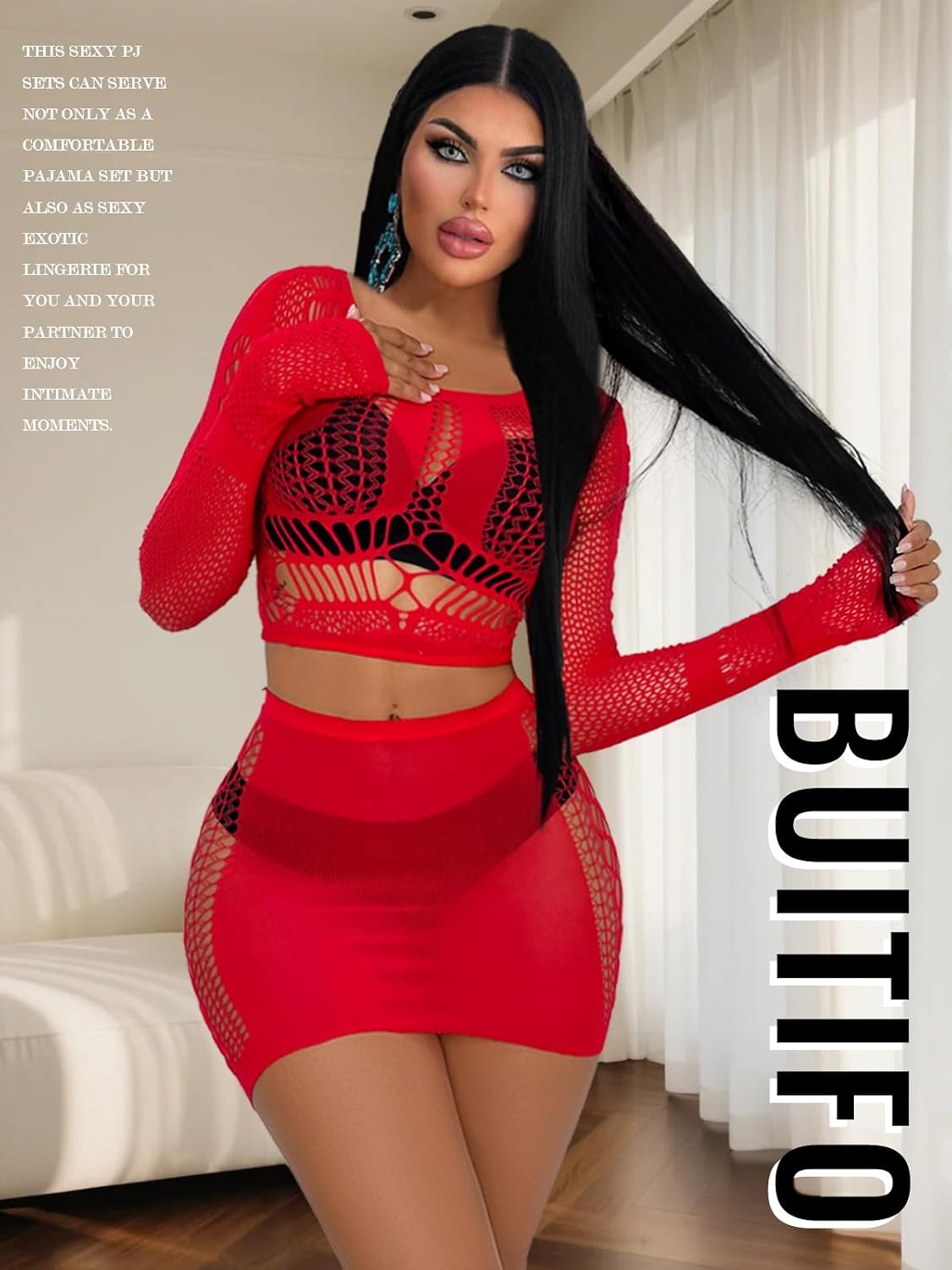 image:imageBuitifo Sexy Lingerie for Women Fishnet Babydoll Nightwear Exotic Top and Mini Skirt SetRed
