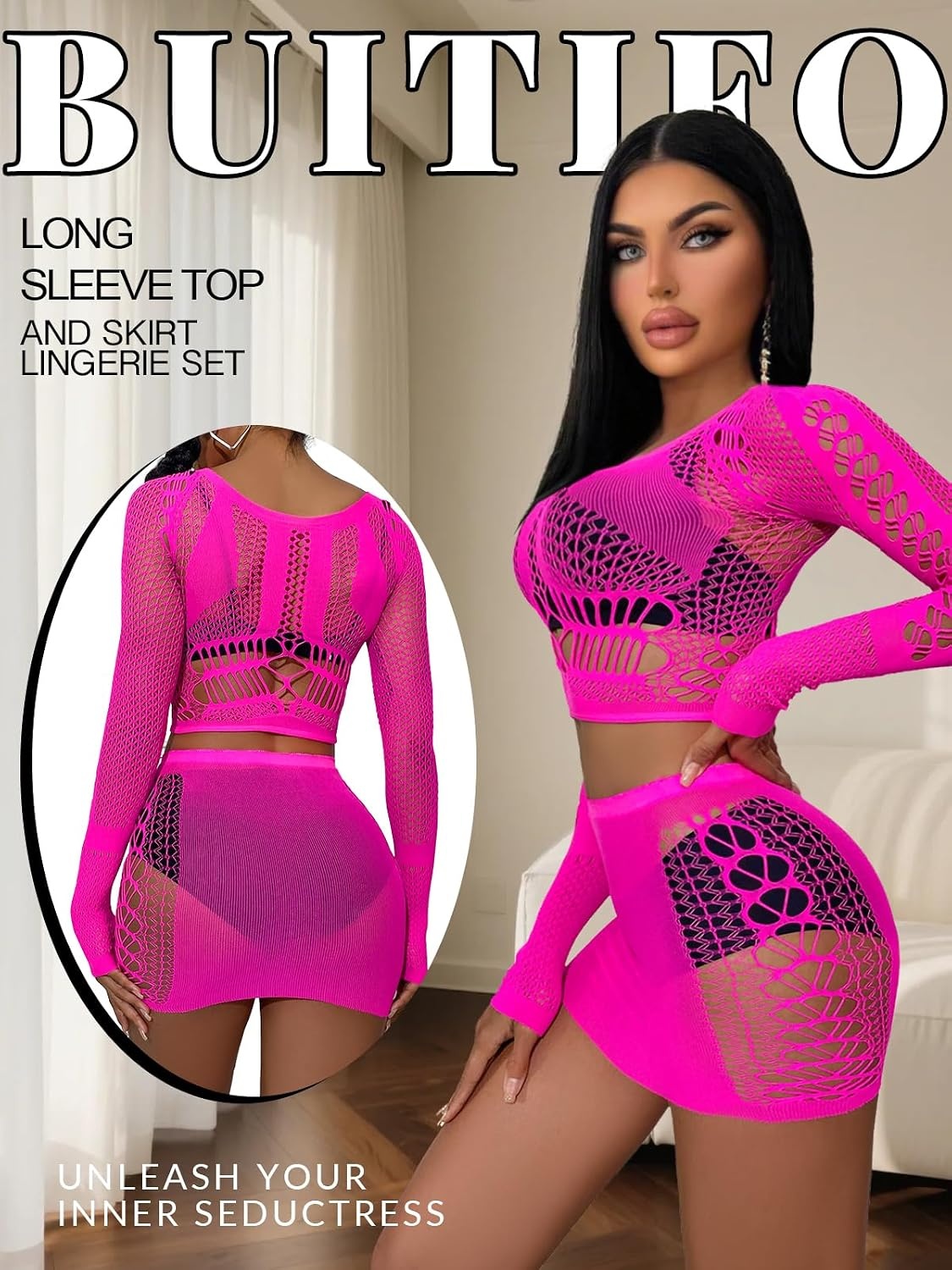 image:imageBuitifo Sexy Lingerie for Women Fishnet Babydoll Nightwear Exotic Top and Mini Skirt SetRose Red