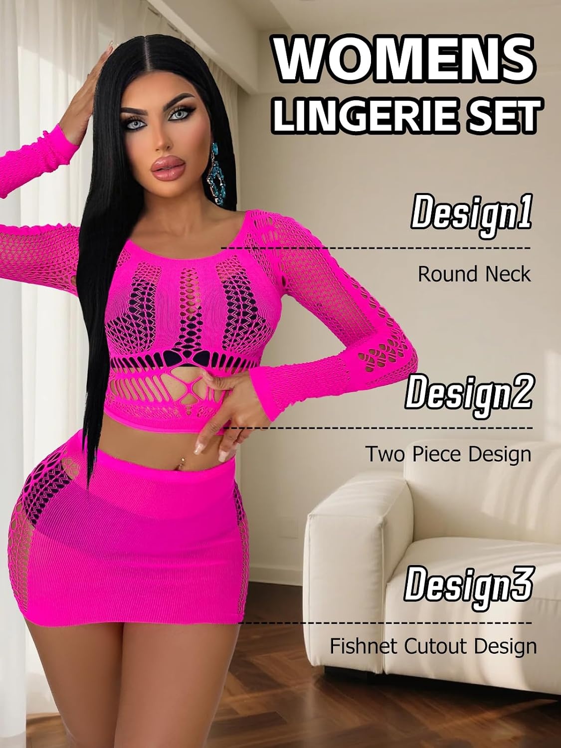 image:imageBuitifo Sexy Lingerie for Women Fishnet Babydoll Nightwear Exotic Top and Mini Skirt SetRose Red
