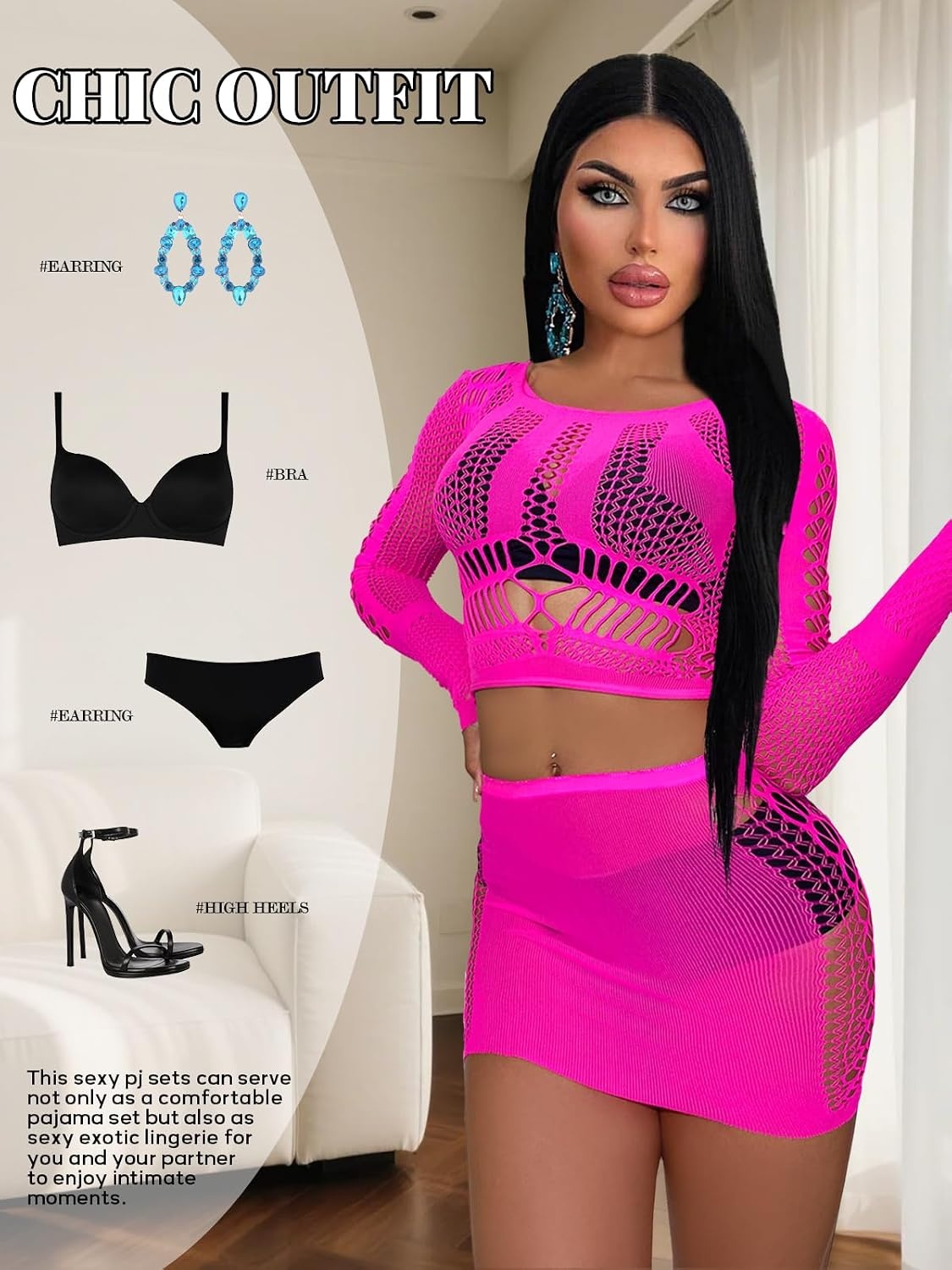 image:imageBuitifo Sexy Lingerie for Women Fishnet Babydoll Nightwear Exotic Top and Mini Skirt SetRose Red