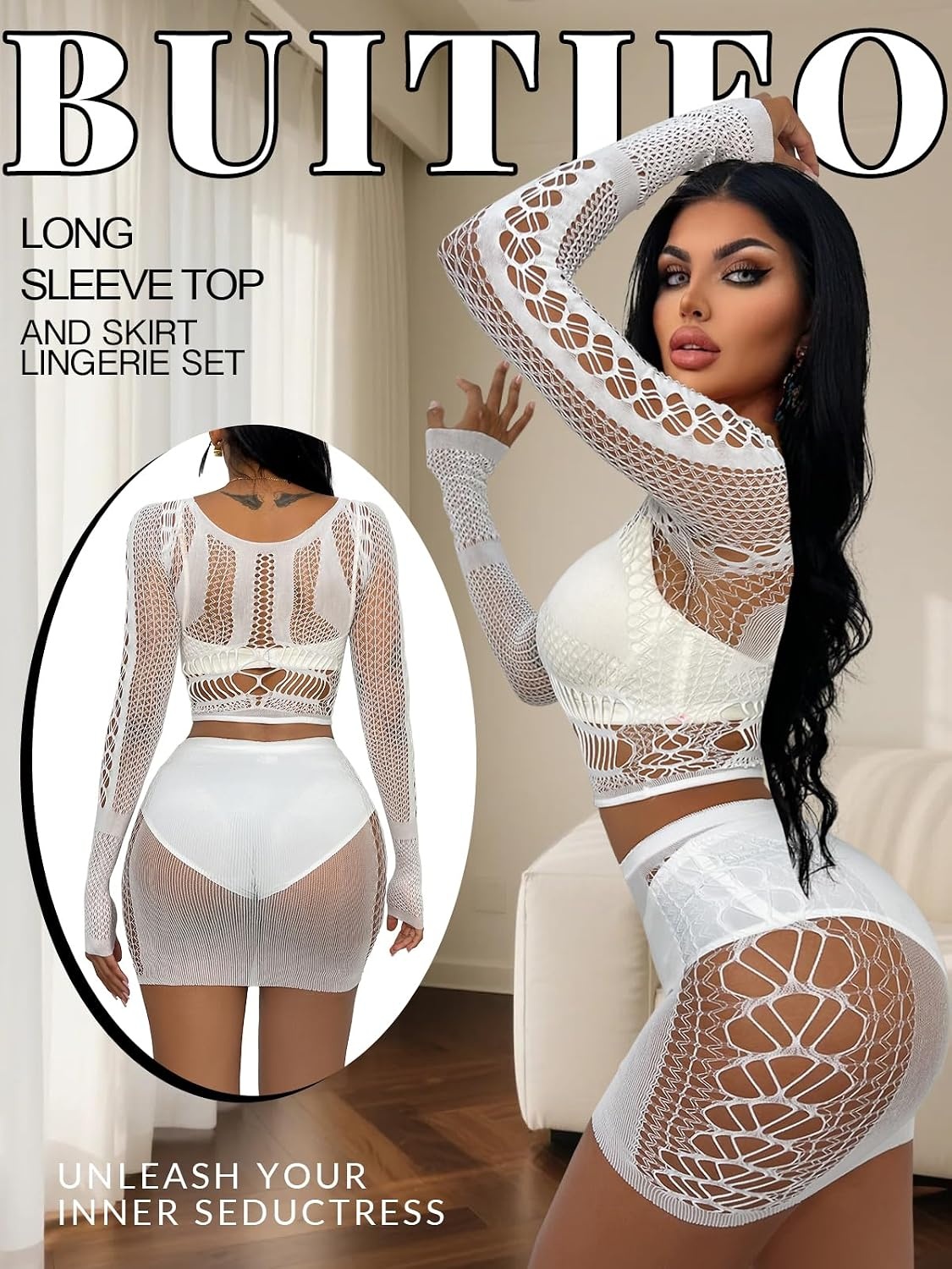 image:imageBuitifo Sexy Lingerie for Women Fishnet Babydoll Nightwear Exotic Top and Mini Skirt SetWhite