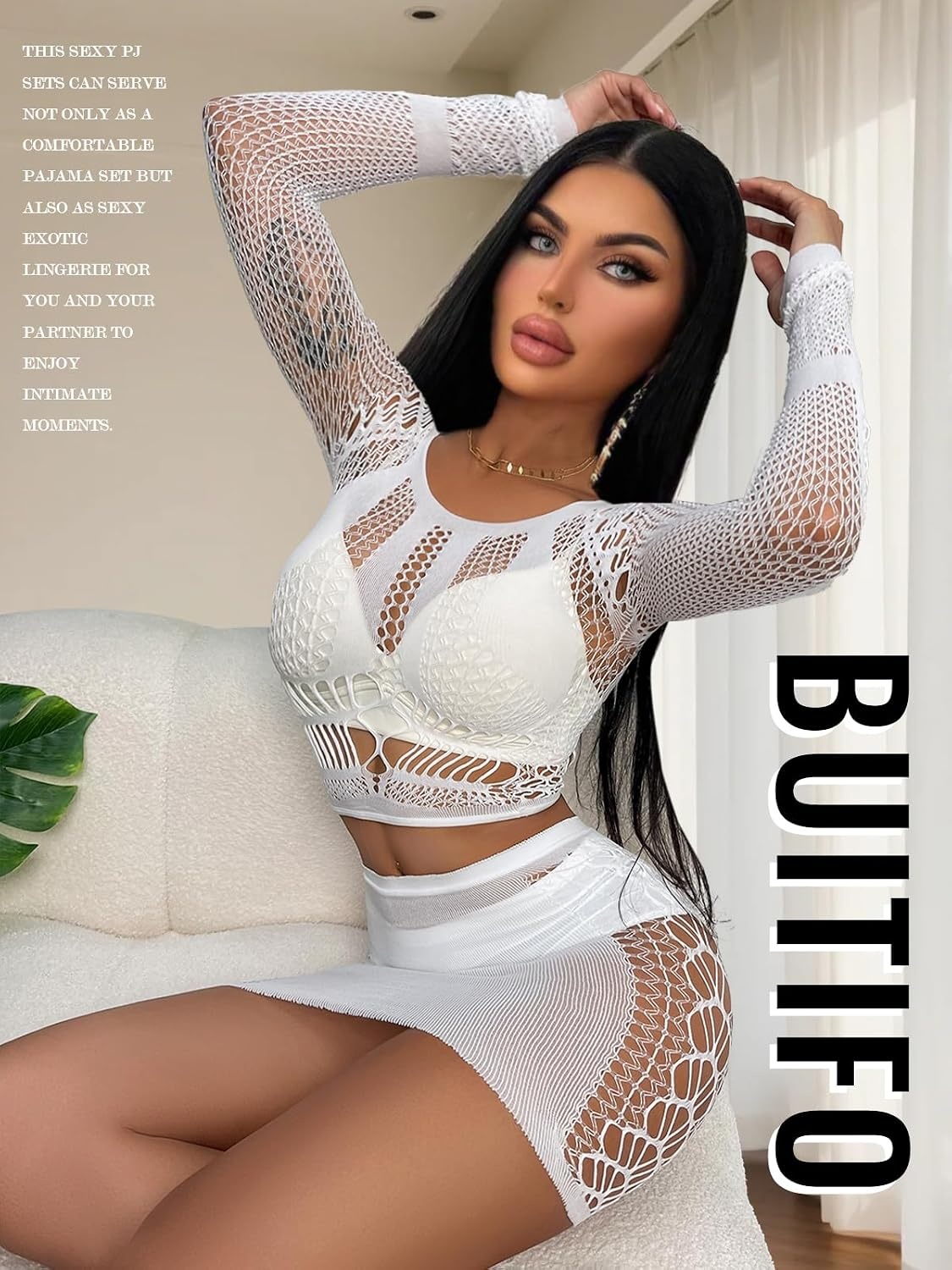 image:imageBuitifo Sexy Lingerie for Women Fishnet Babydoll Nightwear Exotic Top and Mini Skirt SetWhite