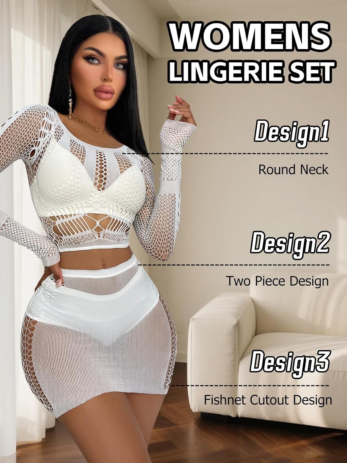 image:imageBuitifo Sexy Lingerie for Women Fishnet Babydoll Nightwear Exotic Top and Mini Skirt SetWhite
