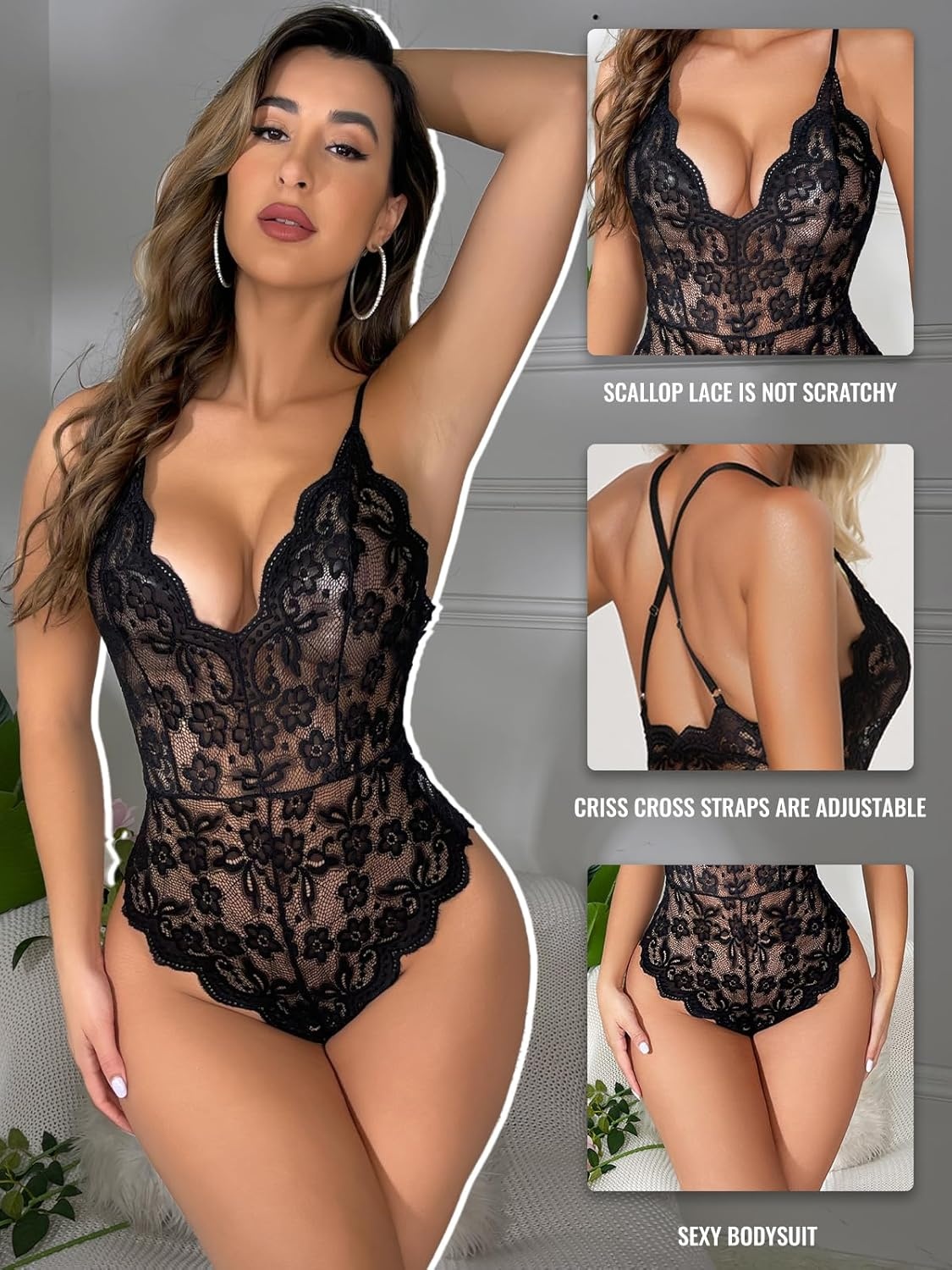 image:imageBuitifo Sexy Lingerie for Women Sheer Lace Bodysuit Nightwear Nightwear Crotch Floral One Piece Teddy Cami Body Suit Top Club Party OutfitsBlack