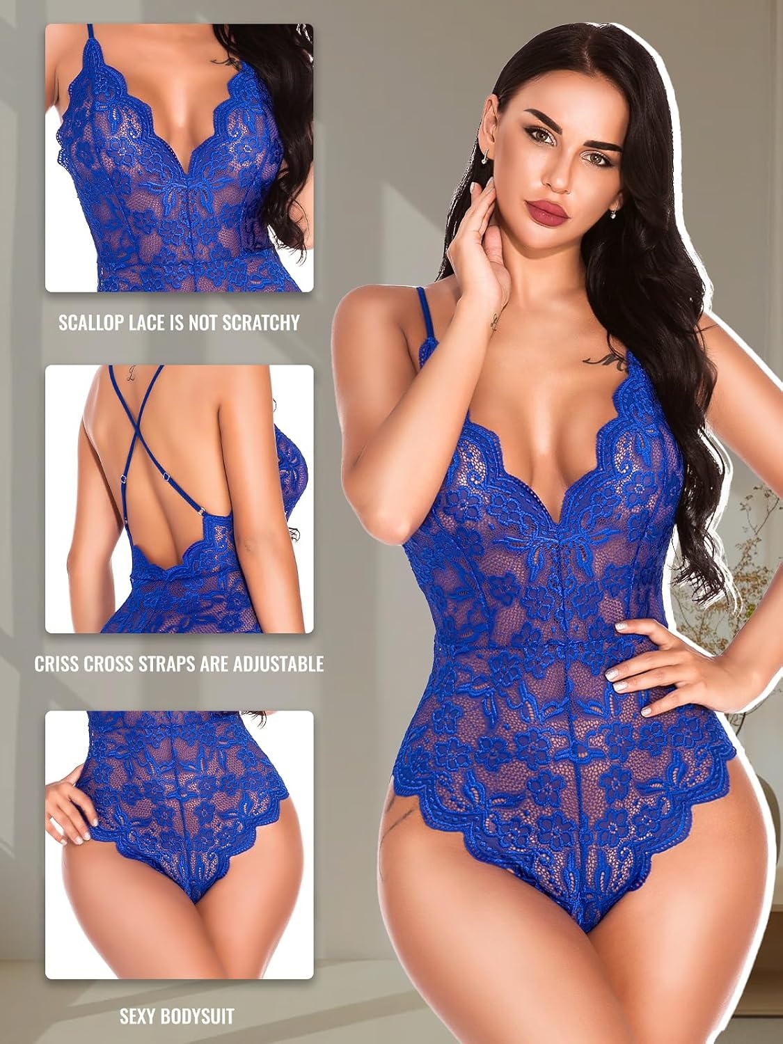 image:imageBuitifo Sexy Lingerie for Women Sheer Lace Bodysuit Nightwear Nightwear Crotch Floral One Piece Teddy Cami Body Suit Top Club Party OutfitsBlue