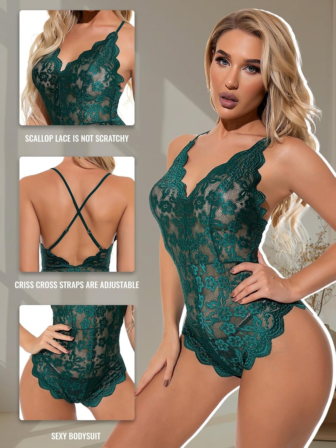 image:imageBuitifo Sexy Lingerie for Women Sheer Lace Bodysuit Nightwear Nightwear Crotch Floral One Piece Teddy Cami Body Suit Top Club Party OutfitsDarkgreen