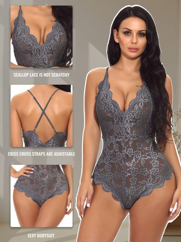 image:imageBuitifo Sexy Lingerie for Women Sheer Lace Bodysuit Nightwear Nightwear Crotch Floral One Piece Teddy Cami Body Suit Top Club Party OutfitsGrey