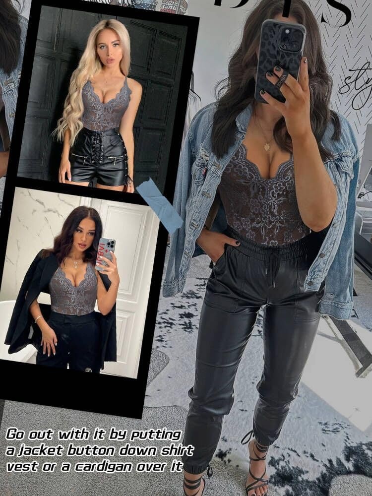 image:imageBuitifo Sexy Lingerie for Women Sheer Lace Bodysuit Nightwear Nightwear Crotch Floral One Piece Teddy Cami Body Suit Top Club Party OutfitsGrey