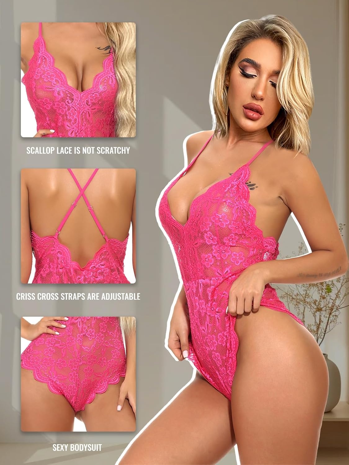image:imageBuitifo Sexy Lingerie for Women Sheer Lace Bodysuit Nightwear Nightwear Crotch Floral One Piece Teddy Cami Body Suit Top Club Party OutfitsPink