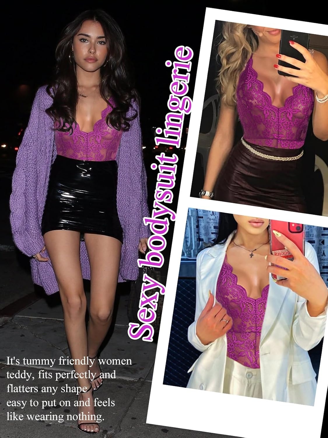 image:imageBuitifo Sexy Lingerie for Women Sheer Lace Bodysuit Nightwear Nightwear Crotch Floral One Piece Teddy Cami Body Suit Top Club Party OutfitsPurple