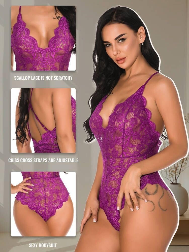 image:imageBuitifo Sexy Lingerie for Women Sheer Lace Bodysuit Nightwear Nightwear Crotch Floral One Piece Teddy Cami Body Suit Top Club Party OutfitsPurple