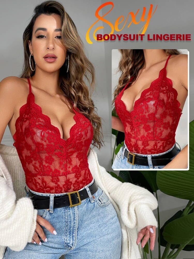 image:imageBuitifo Sexy Lingerie for Women Sheer Lace Bodysuit Nightwear Nightwear Crotch Floral One Piece Teddy Cami Body Suit Top Club Party OutfitsRed