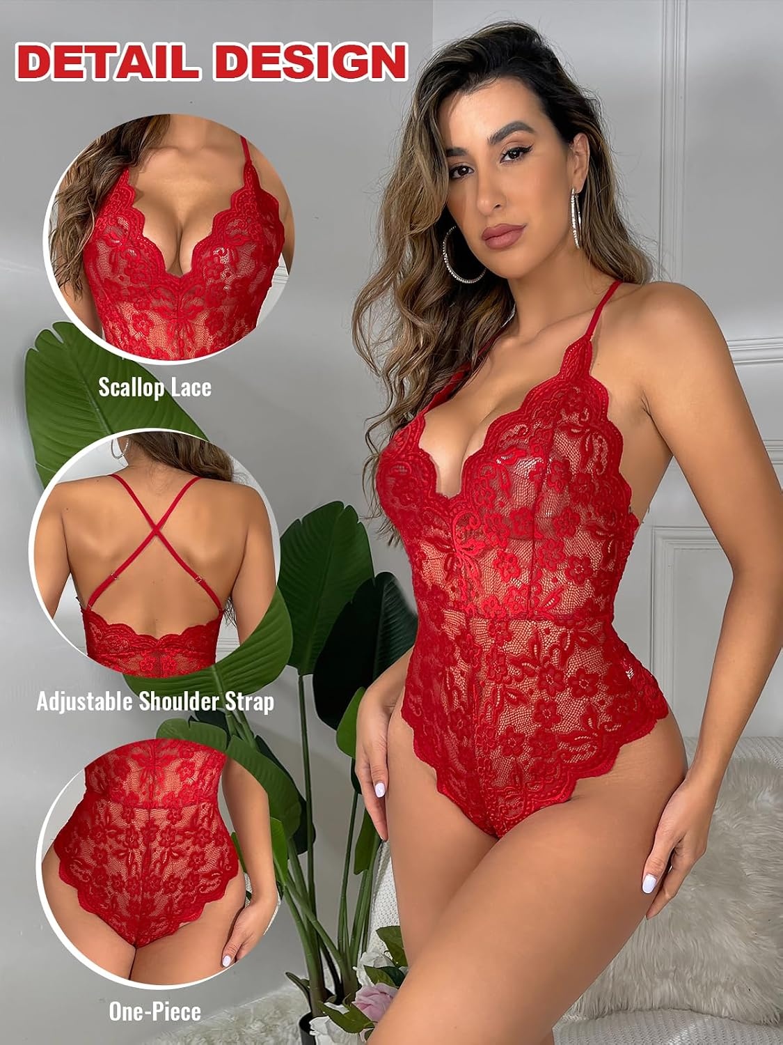 image:imageBuitifo Sexy Lingerie for Women Sheer Lace Bodysuit Nightwear Nightwear Crotch Floral One Piece Teddy Cami Body Suit Top Club Party OutfitsRed