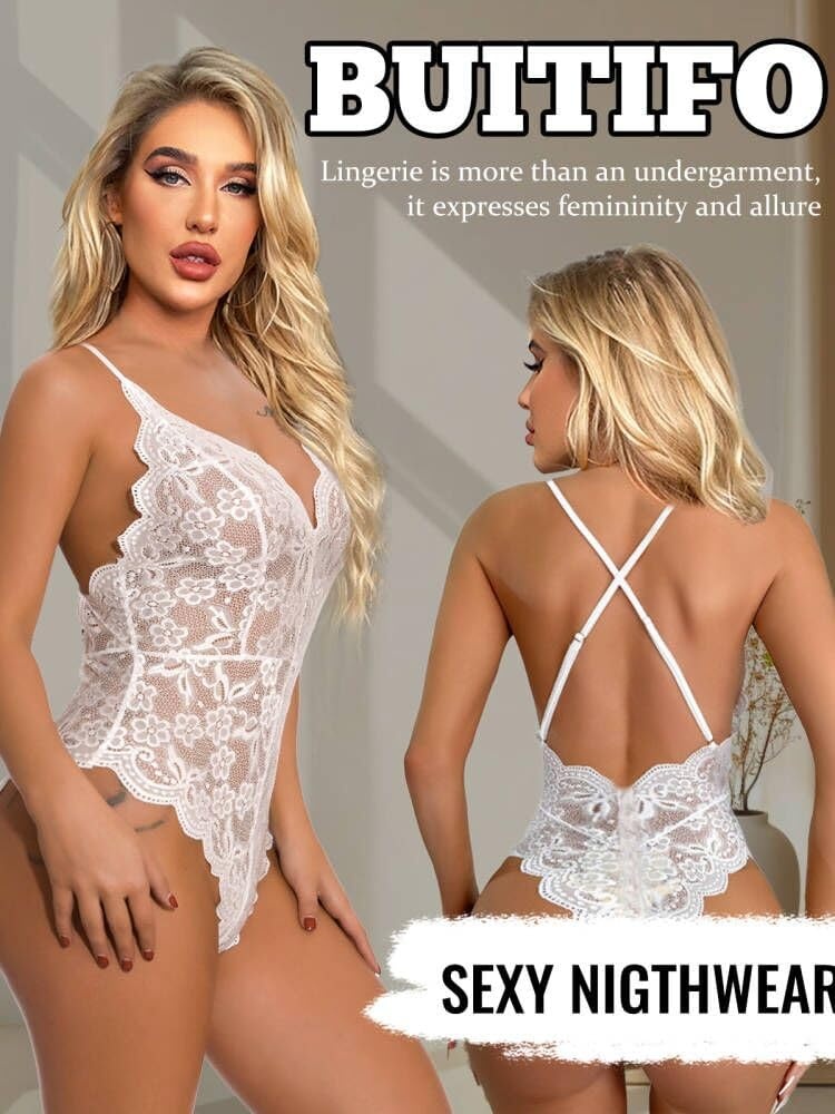image:imageBuitifo Sexy Lingerie for Women Sheer Lace Bodysuit Nightwear Nightwear Crotch Floral One Piece Teddy Cami Body Suit Top Club Party OutfitsWhite