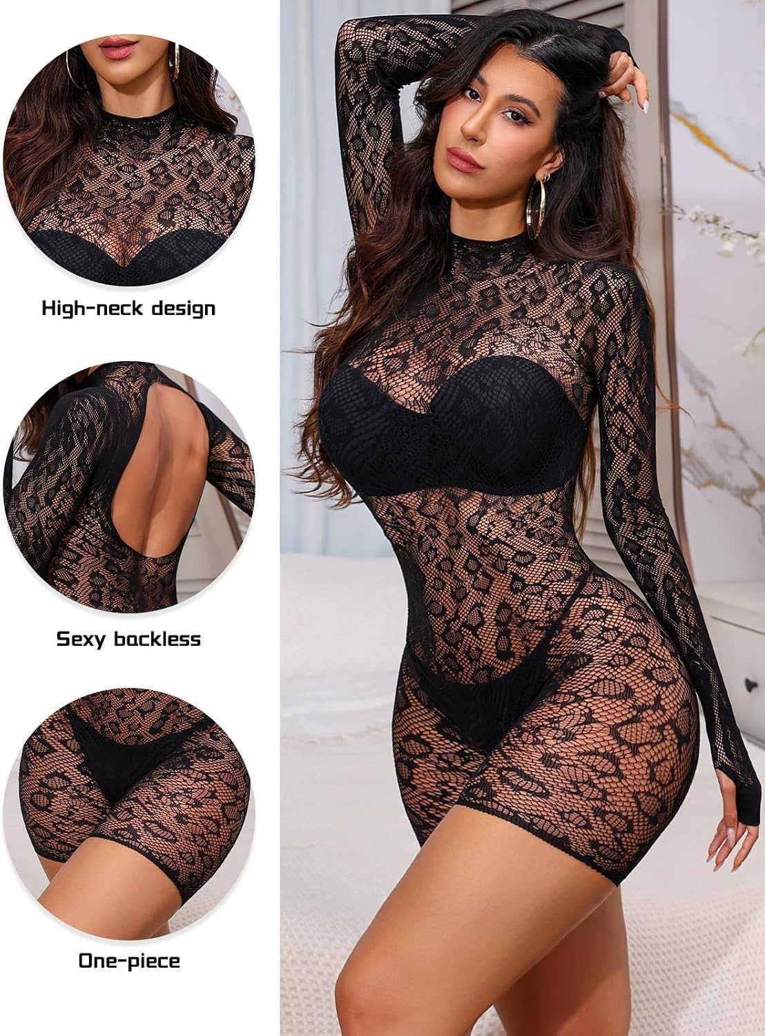 image:imageBuitifo Woman Bodysuit Body Stocking Shirt Top Babydoll Lingerie Nylon NightwearFishnet TightsSee Through LingerieRave OutfitsOne Size Fits 80150lbBlackt4