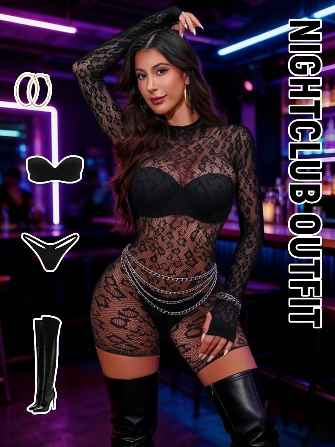 image:imageBuitifo Woman Bodysuit Body Stocking Shirt Top Babydoll Lingerie Nylon NightwearFishnet TightsSee Through LingerieRave OutfitsOne Size Fits 80150lbBlackt4