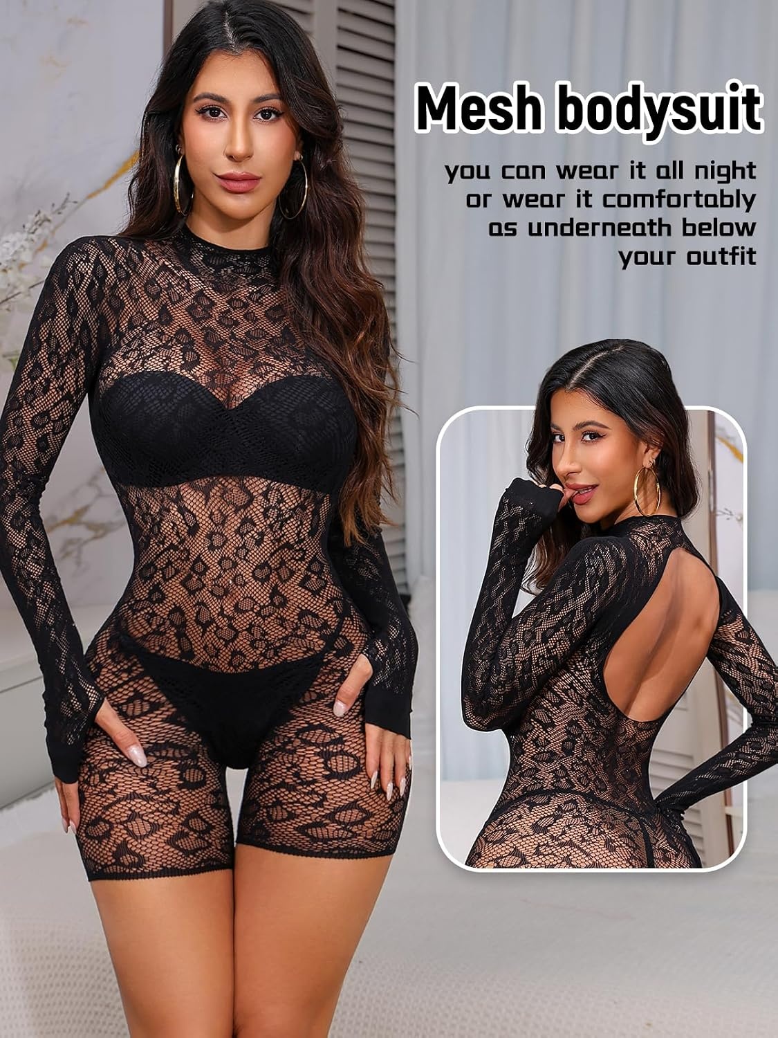 image:imageBuitifo Woman Bodysuit Body Stocking Shirt Top Babydoll Lingerie Nylon NightwearFishnet TightsSee Through LingerieRave OutfitsOne Size Fits 80150lbBlackt4