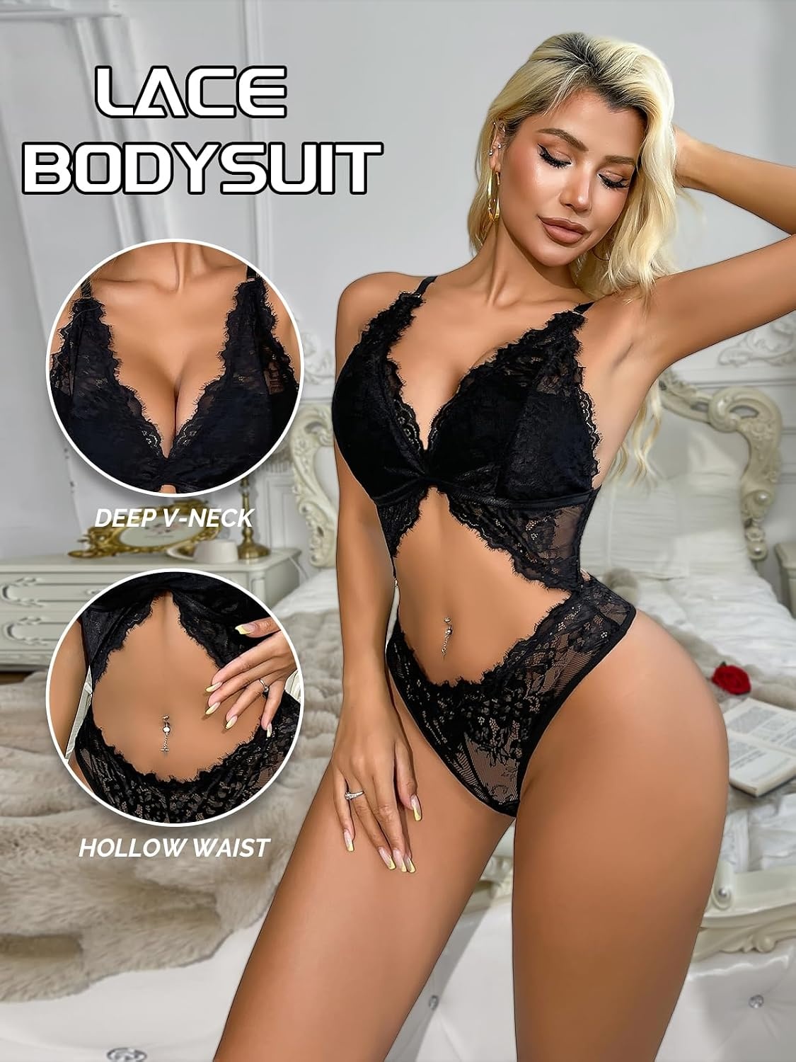 image:imageBuitifo Woman Cut Out Lingerie Bodysuit Sheer Lace Tank Top Sexy Nightwear Deep V Floral Camisole Rave OutfitsBlack