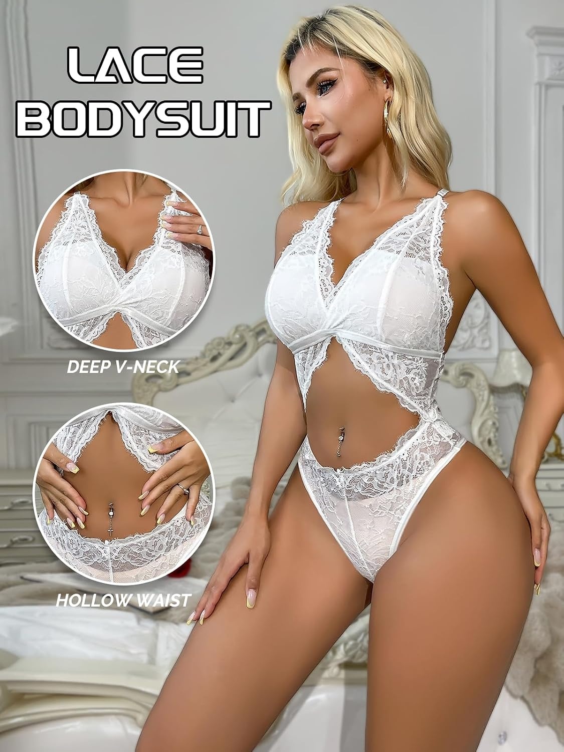 image:imageBuitifo Woman Cut Out Lingerie Bodysuit Sheer Lace Tank Top Sexy Nightwear Deep V Floral Camisole Rave OutfitsWhite