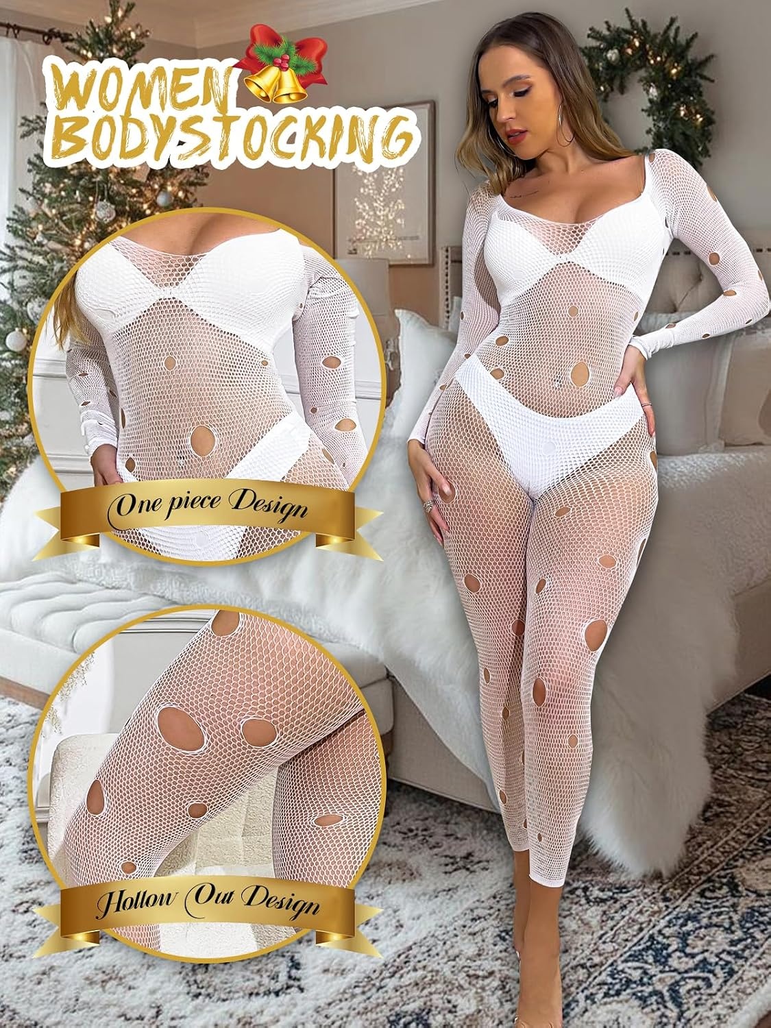 image:imageBuitifo Woman Lingerie Sexy Bodysuit Bodystocking Mesh JumpsuitWhite T1