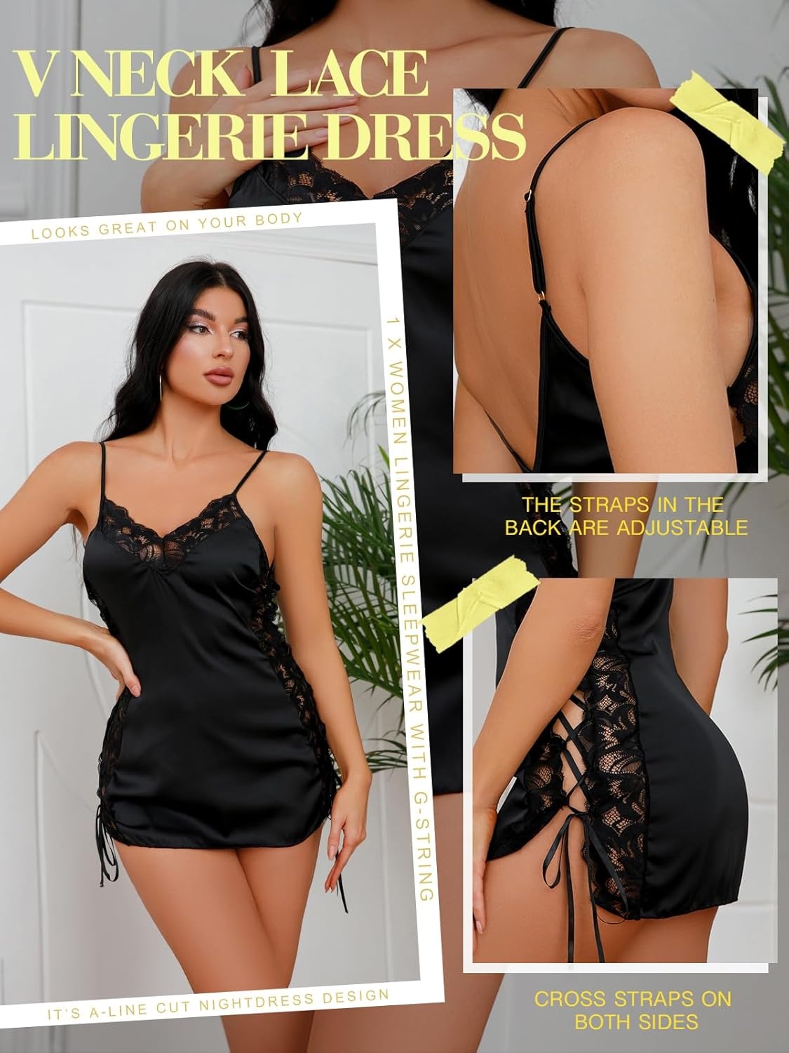 image:imageBuitifo Women Lingerie Set Mini Dresses Sexy Nightwear Lace Chemise Nightgowns With Thongs V Neck 2 Piece PajamasBlack