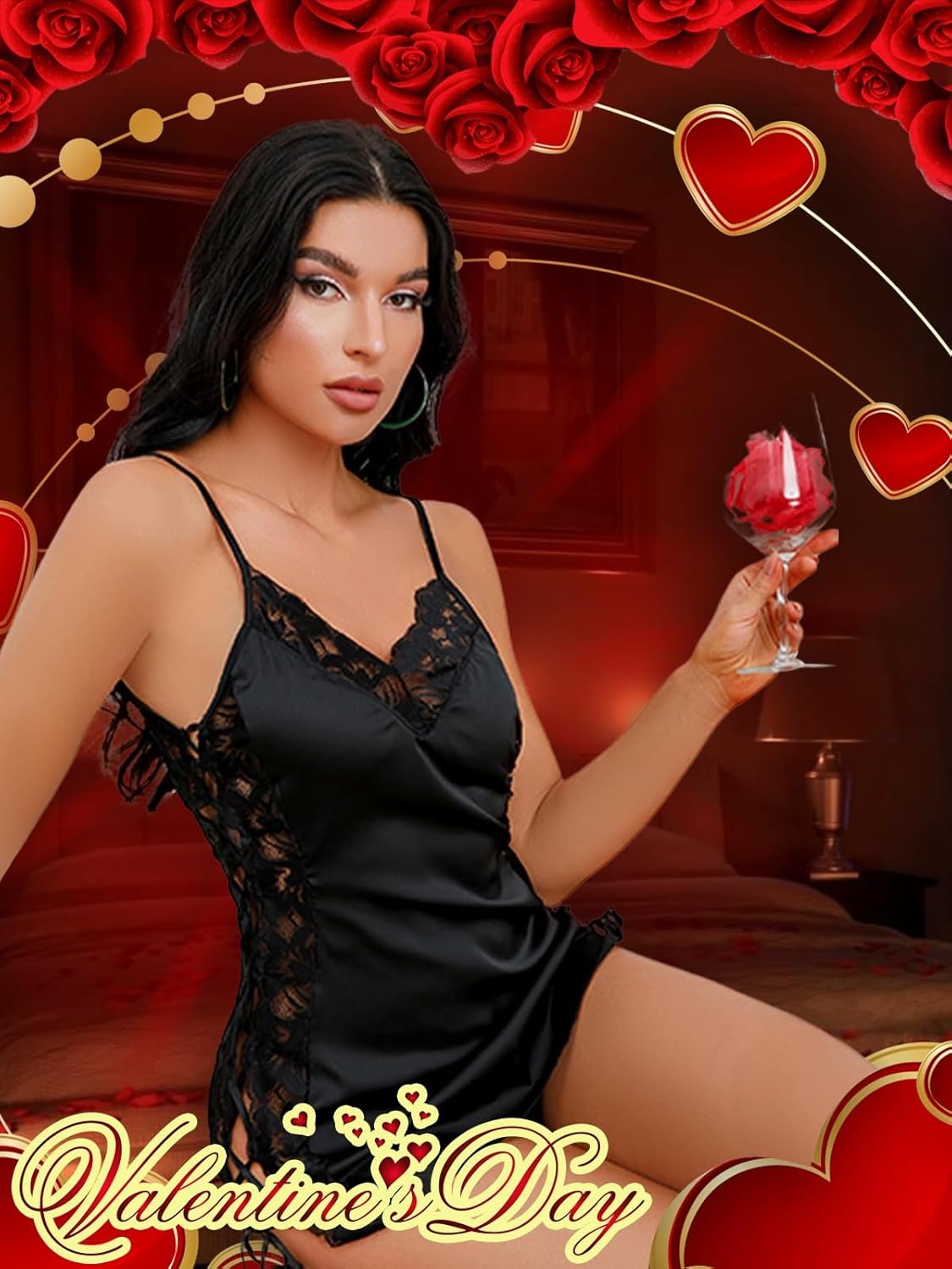 image:imageBuitifo Women Lingerie Set Mini Dresses Sexy Nightwear Lace Chemise Nightgowns With Thongs V Neck 2 Piece PajamasBlack