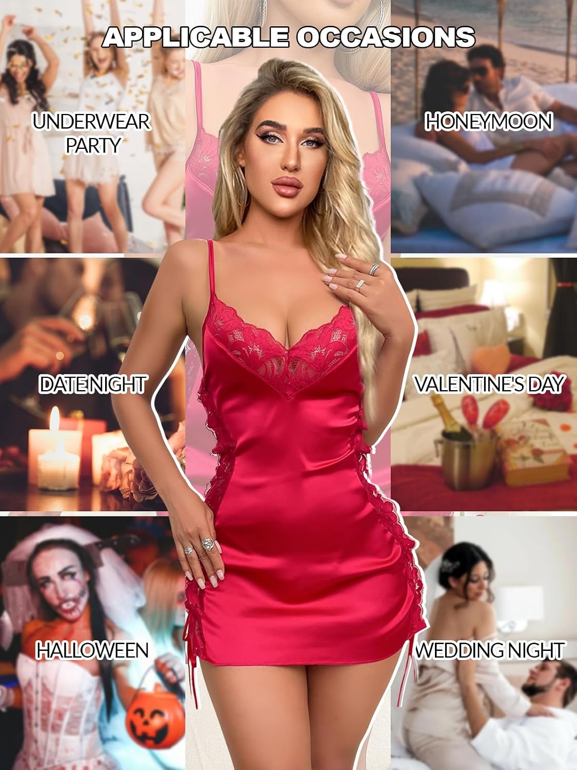 image:imageBuitifo Women Lingerie Set Mini Dresses Sexy Nightwear Lace Chemise Nightgowns With Thongs V Neck 2 Piece PajamasRed