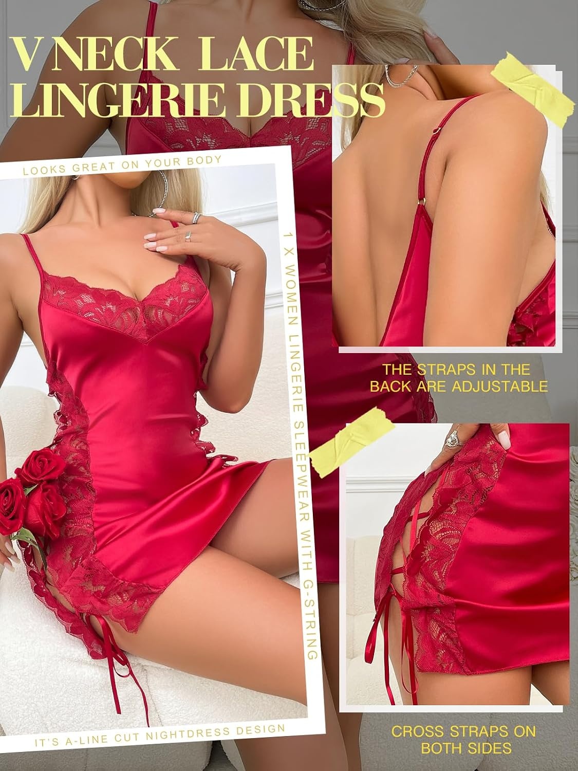 image:imageBuitifo Women Lingerie Set Mini Dresses Sexy Nightwear Lace Chemise Nightgowns With Thongs V Neck 2 Piece PajamasRed