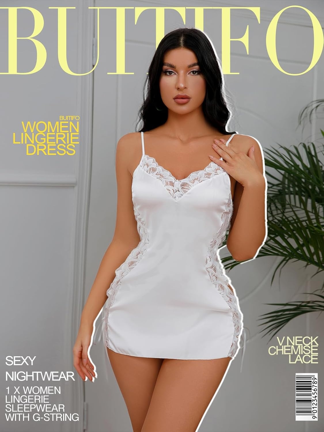image:imageBuitifo Women Lingerie Set Mini Dresses Sexy Nightwear Lace Chemise Nightgowns With Thongs V Neck 2 Piece PajamasWhite