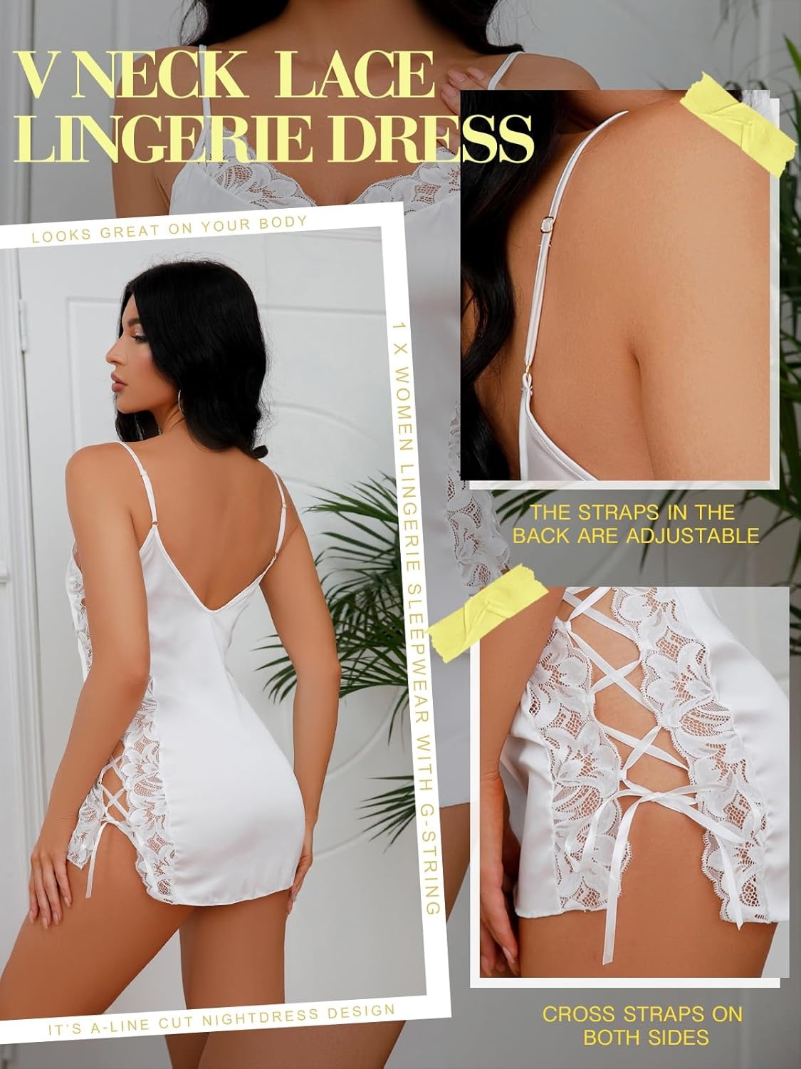 image:imageBuitifo Women Lingerie Set Mini Dresses Sexy Nightwear Lace Chemise Nightgowns With Thongs V Neck 2 Piece PajamasWhite