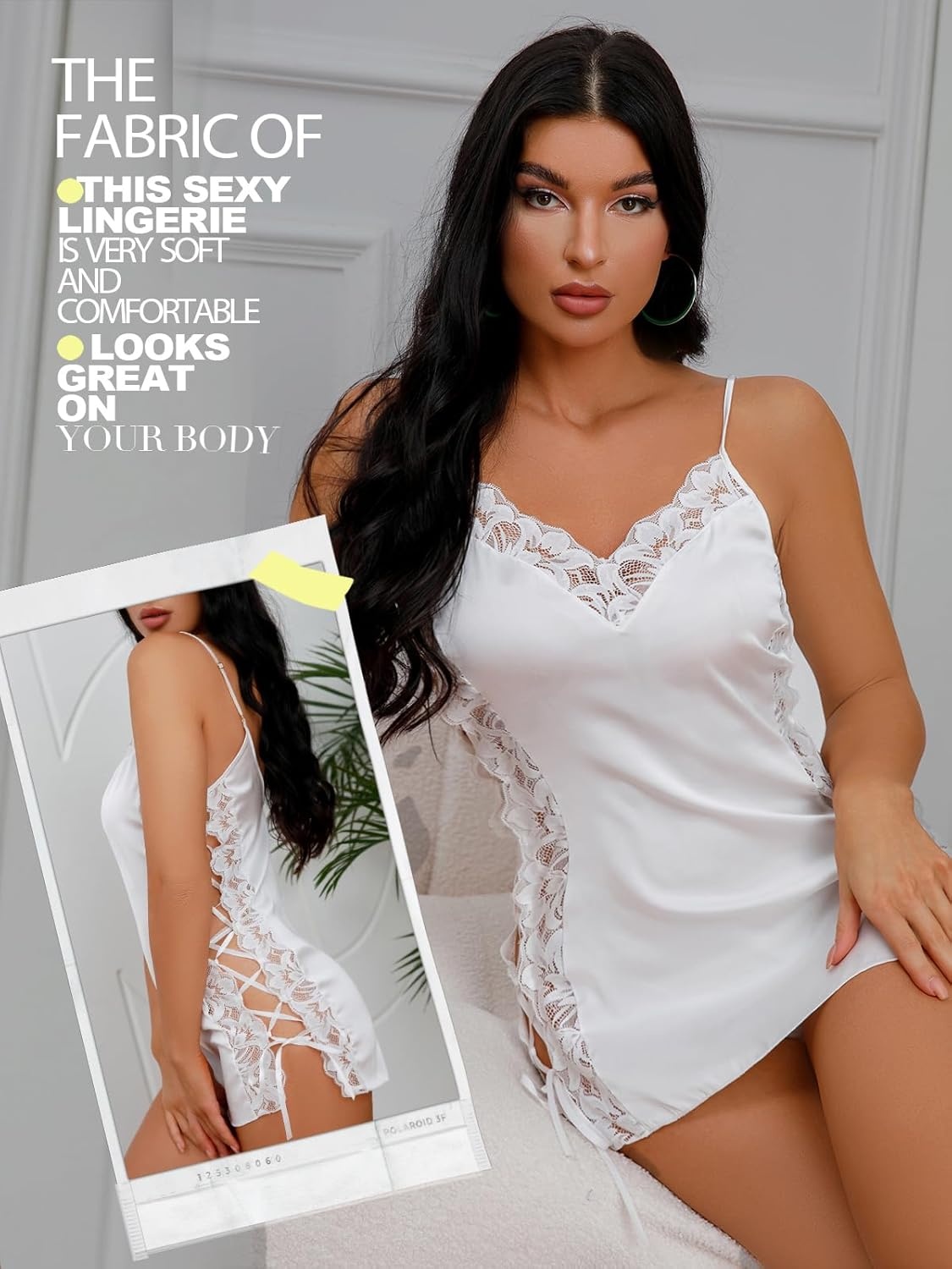 image:imageBuitifo Women Lingerie Set Mini Dresses Sexy Nightwear Lace Chemise Nightgowns With Thongs V Neck 2 Piece PajamasWhite