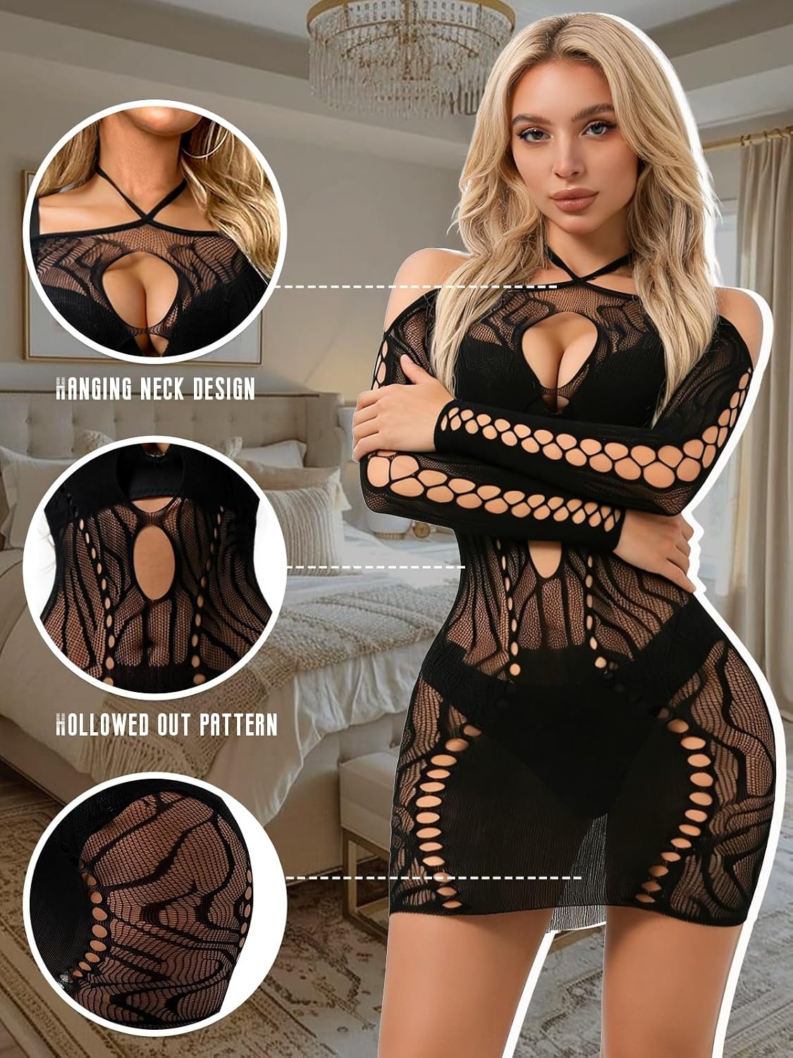 image:imageBuitifo Women Sexy Lingerie Dress Halter Bodycon Midi Dresses Mesh NightwearBlack