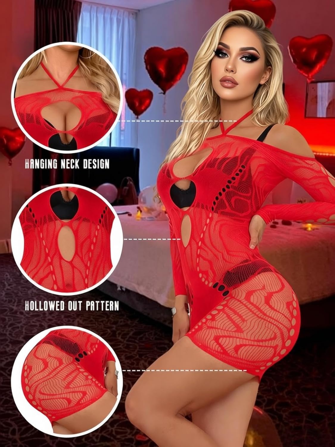 image:imageBuitifo Women Sexy Lingerie Dress Halter Bodycon Midi Dresses Mesh NightwearRed