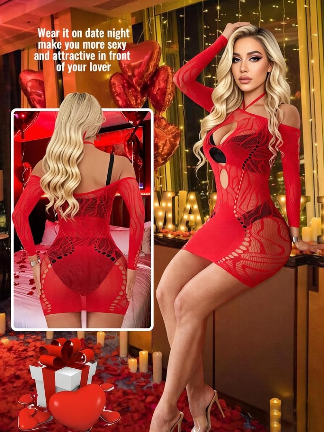 image:imageBuitifo Women Sexy Lingerie Dress Halter Bodycon Midi Dresses Mesh NightwearRed