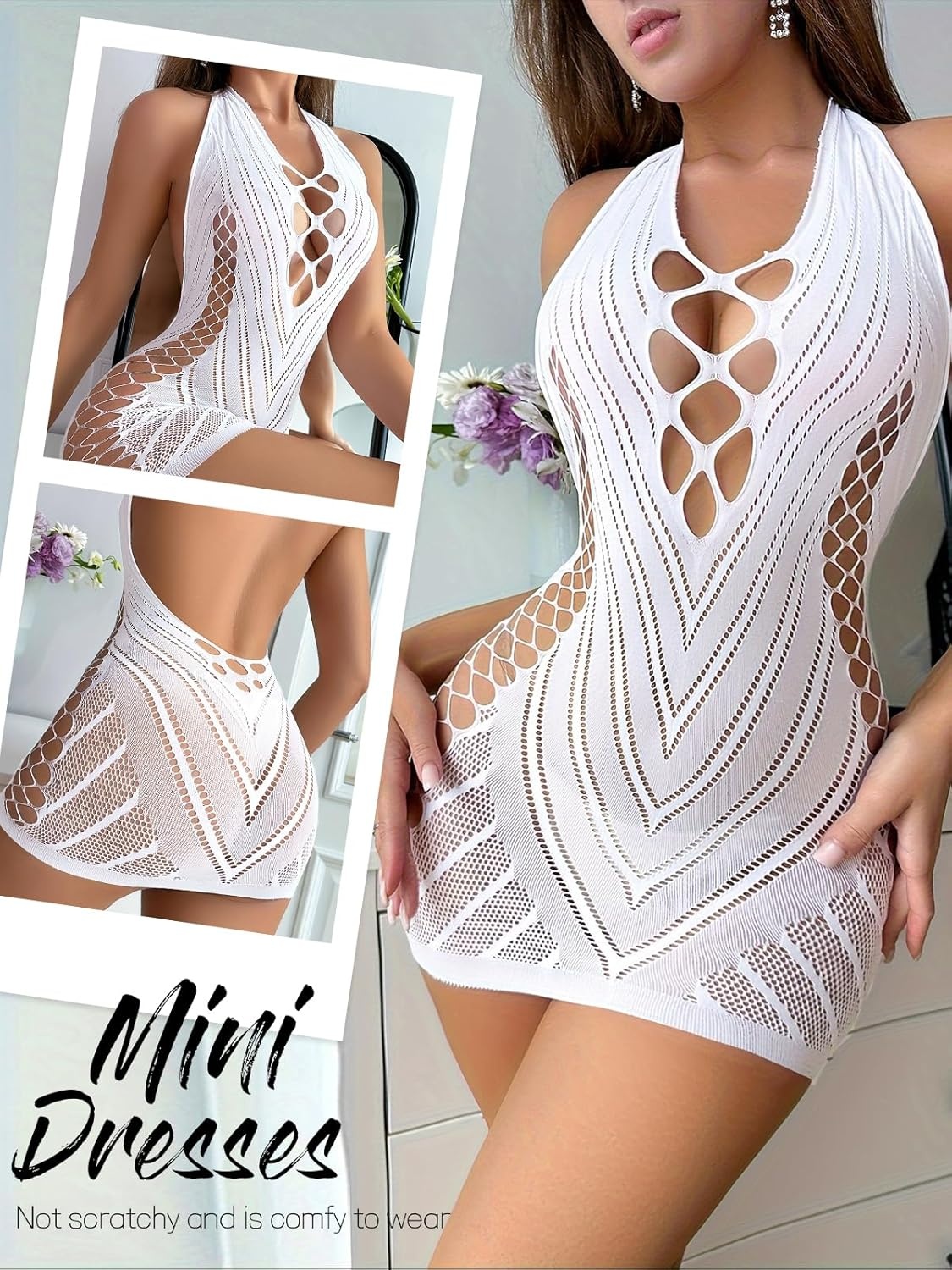 image:imageBuitifo Women Sexy Lingerie Dress One Piece Babydoll Nightwear Halter Mini DressesWhite