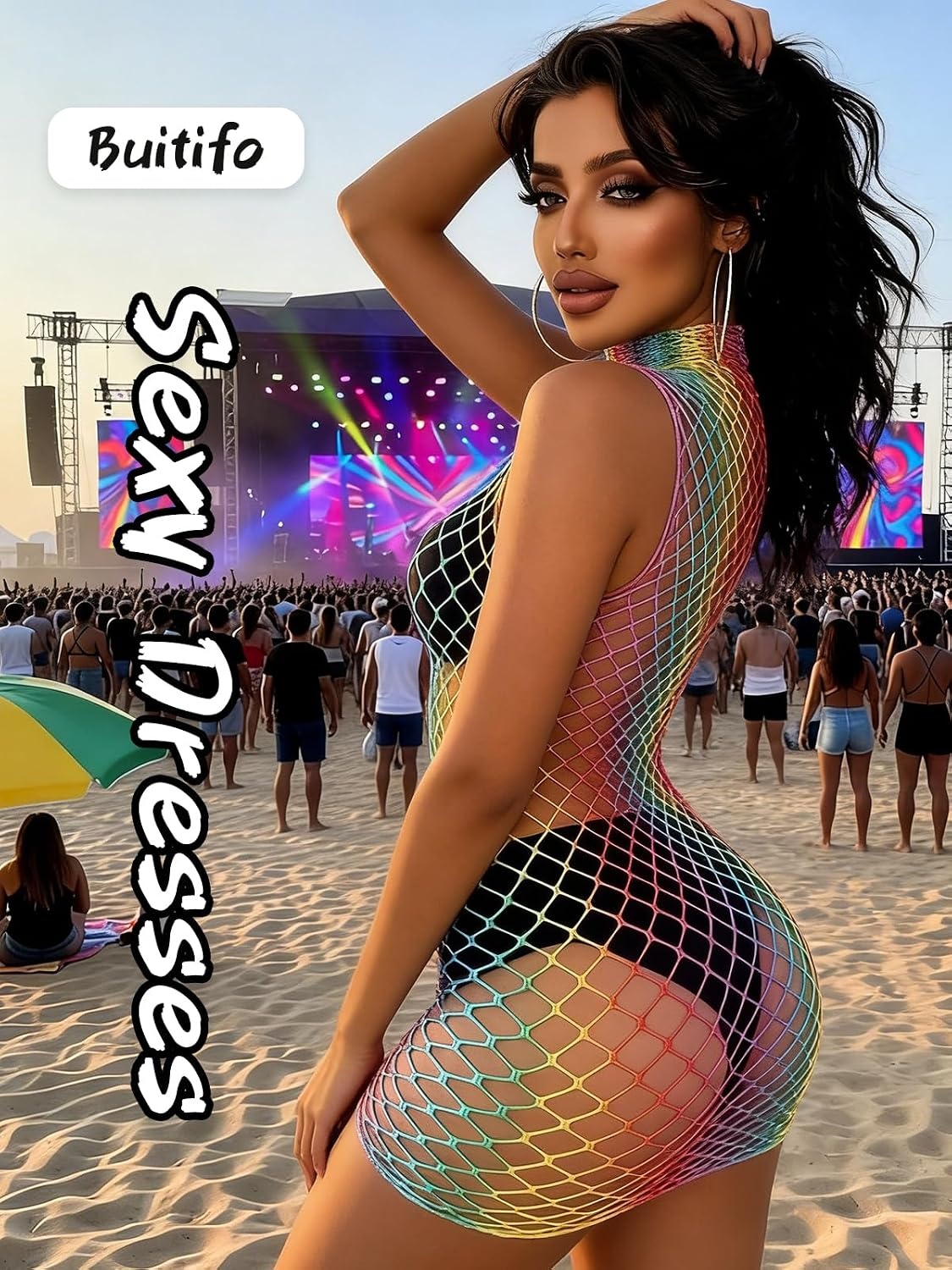 image:imageBuitifo Women Swimming Cover Up Summer Mini Sexy Dress Nightwear Beach Tank Dresses Hollow Out Bikini Covers Mesh Lingerie One SizeRainbow