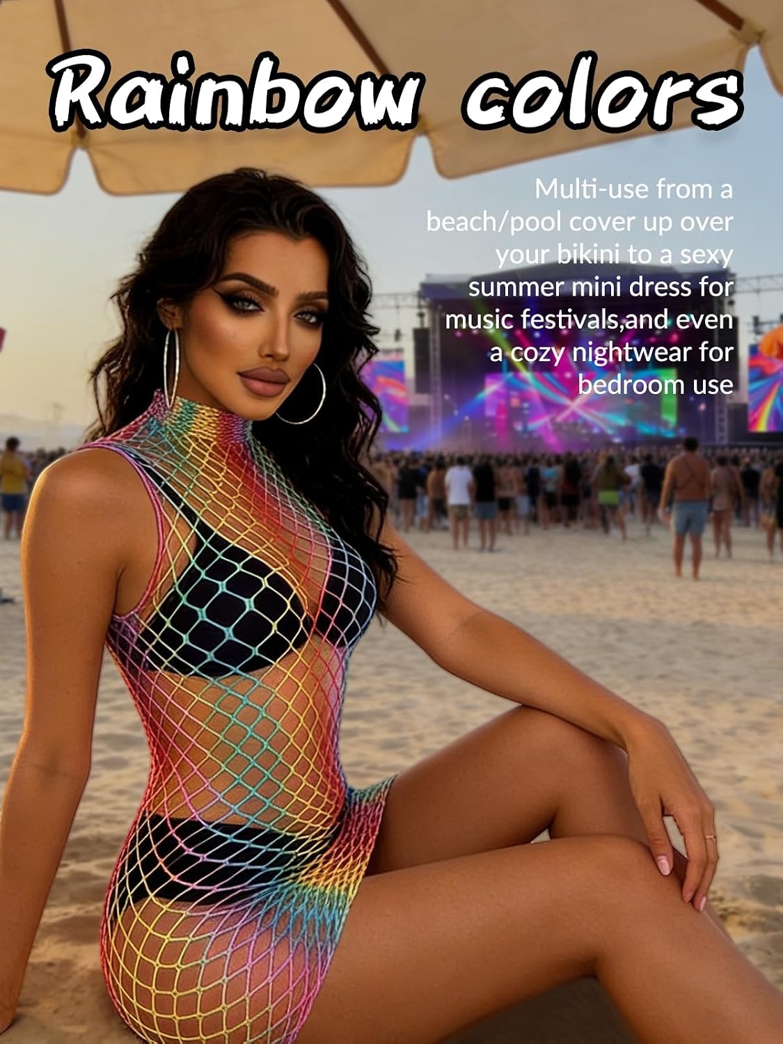 image:imageBuitifo Women Swimming Cover Up Summer Mini Sexy Dress Nightwear Beach Tank Dresses Hollow Out Bikini Covers Mesh Lingerie One SizeRainbow