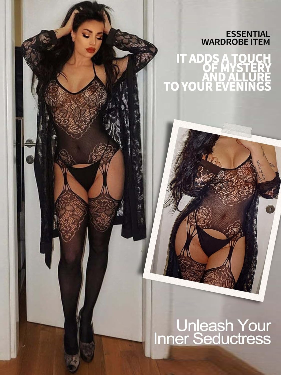 image:imageBuitifo Womens Fishnet Bodystocking Plus Size Bodysuit Sexy Tights Soft Nightwear LingerieBlack Ngb