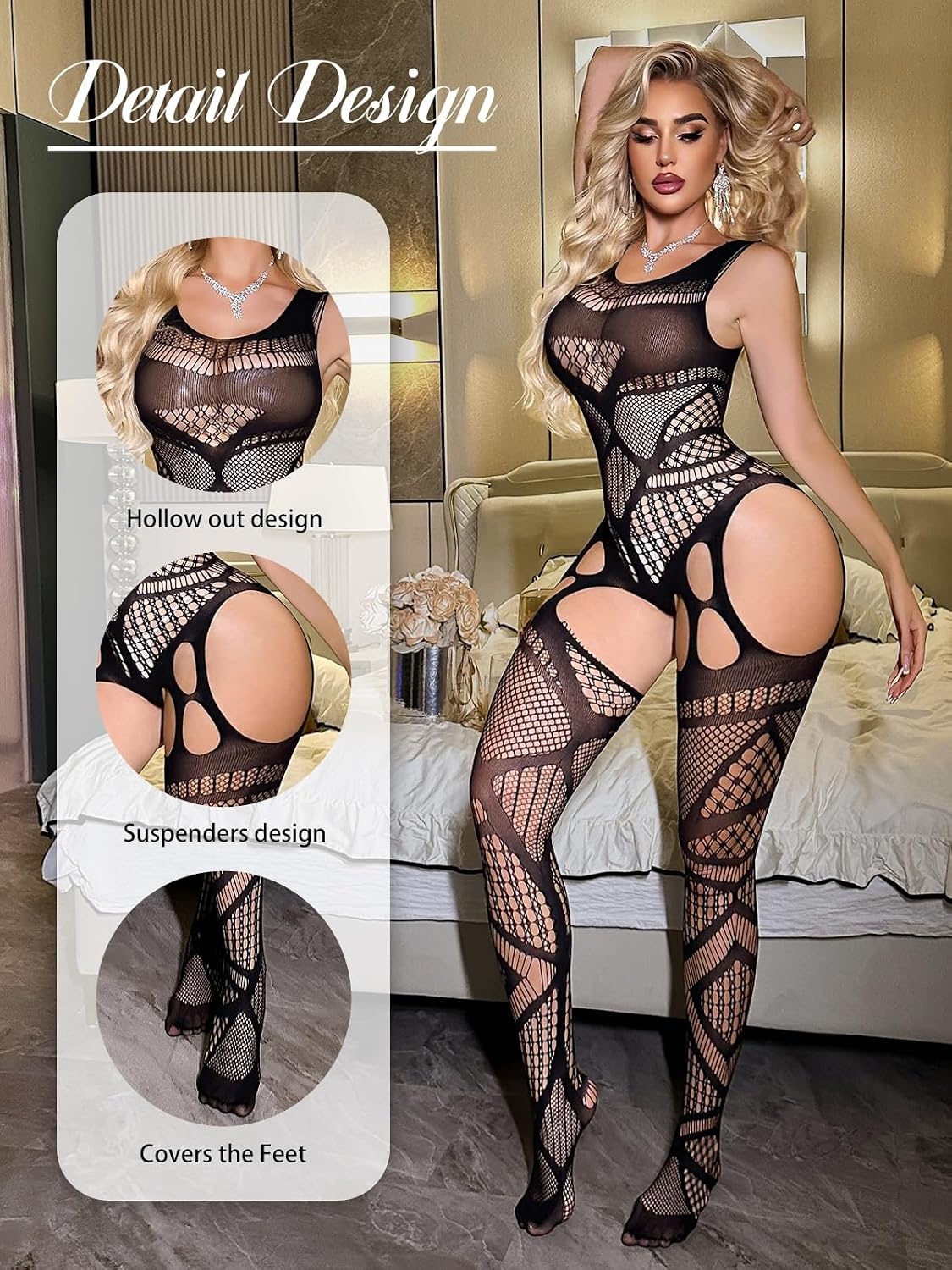 image:imageBuitifo Womens Fishnet Bodystocking Plus Size Bodysuit Sexy Tights Soft Nightwear LingerieBlackls03