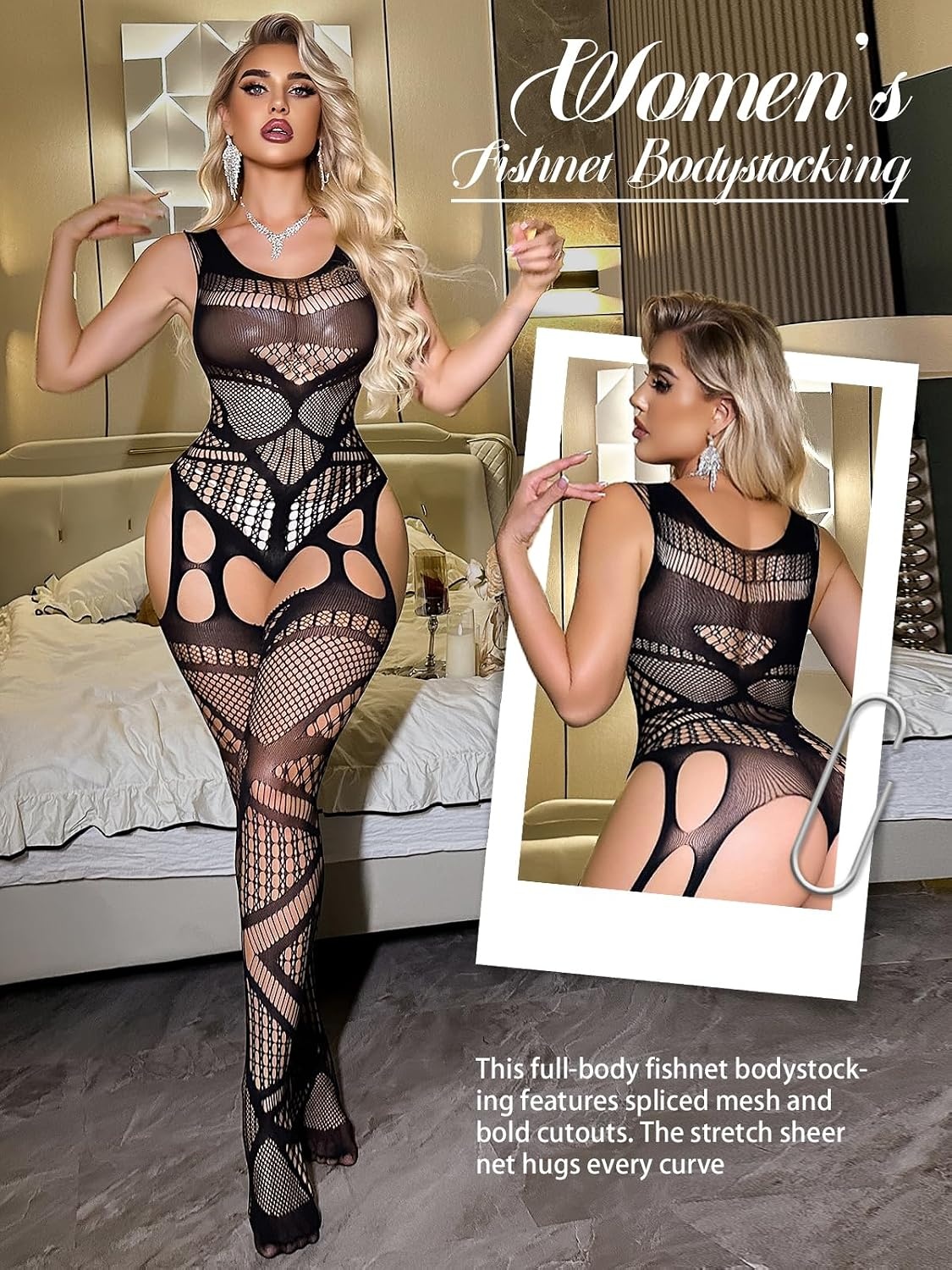 image:imageBuitifo Womens Fishnet Bodystocking Plus Size Bodysuit Sexy Tights Soft Nightwear LingerieBlackls03