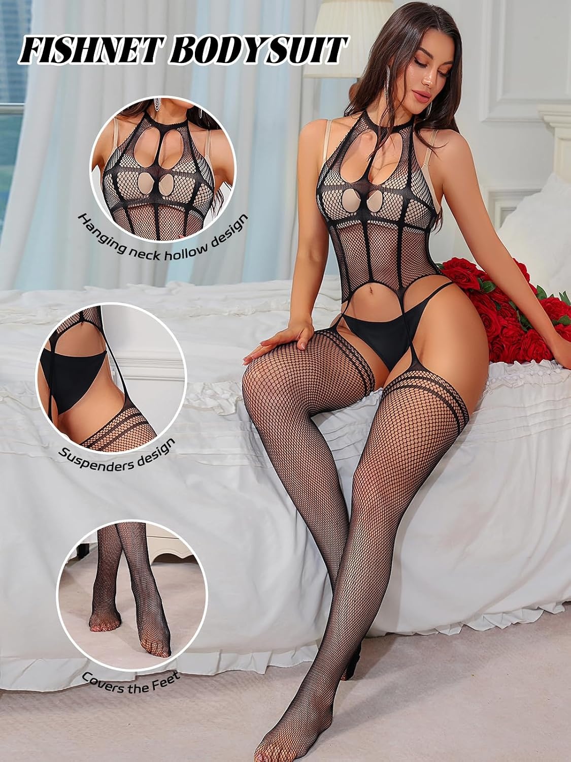 image:imageBuitifo Womens Fishnet Bodystocking Plus Size Bodysuit Sexy Tights Soft Nightwear LingerieBlackls05