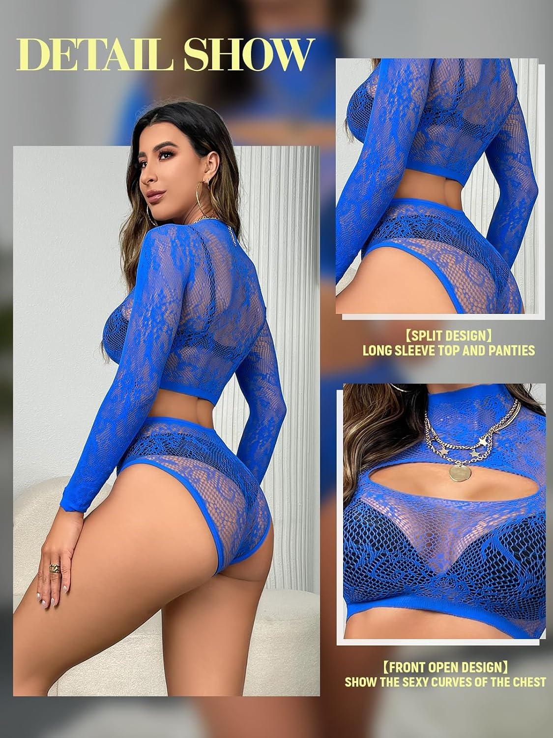 image:imageBuitifo Womens Lingerie Set Fishnet BabyDoll Bodysuit Sexy NightwearBlue T9